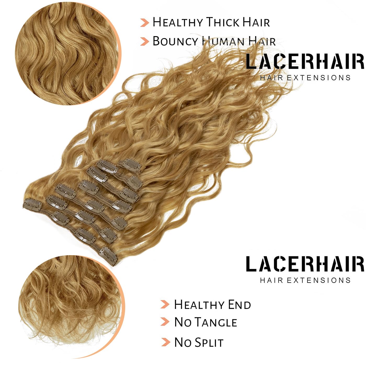 18-Inch Honey Blonde Human Hair Extensions - Curly Clip-In Remy Hair with Natural Waves | Double Weft 120g Thick Hair Extensions for Women (7-Piece Set #27) | Perfect for Parties, Weddings & Daily Styling
