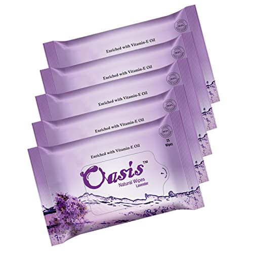 Oasis Natural Refreshing Facial Wipes with Lavender & Vitamin E Oil - Hydrating & Cleansing Wet Wipes for Skin Care (Pack of 5, 125 Count) - Perfect for Travel, Gym & Daily Makeup Removal