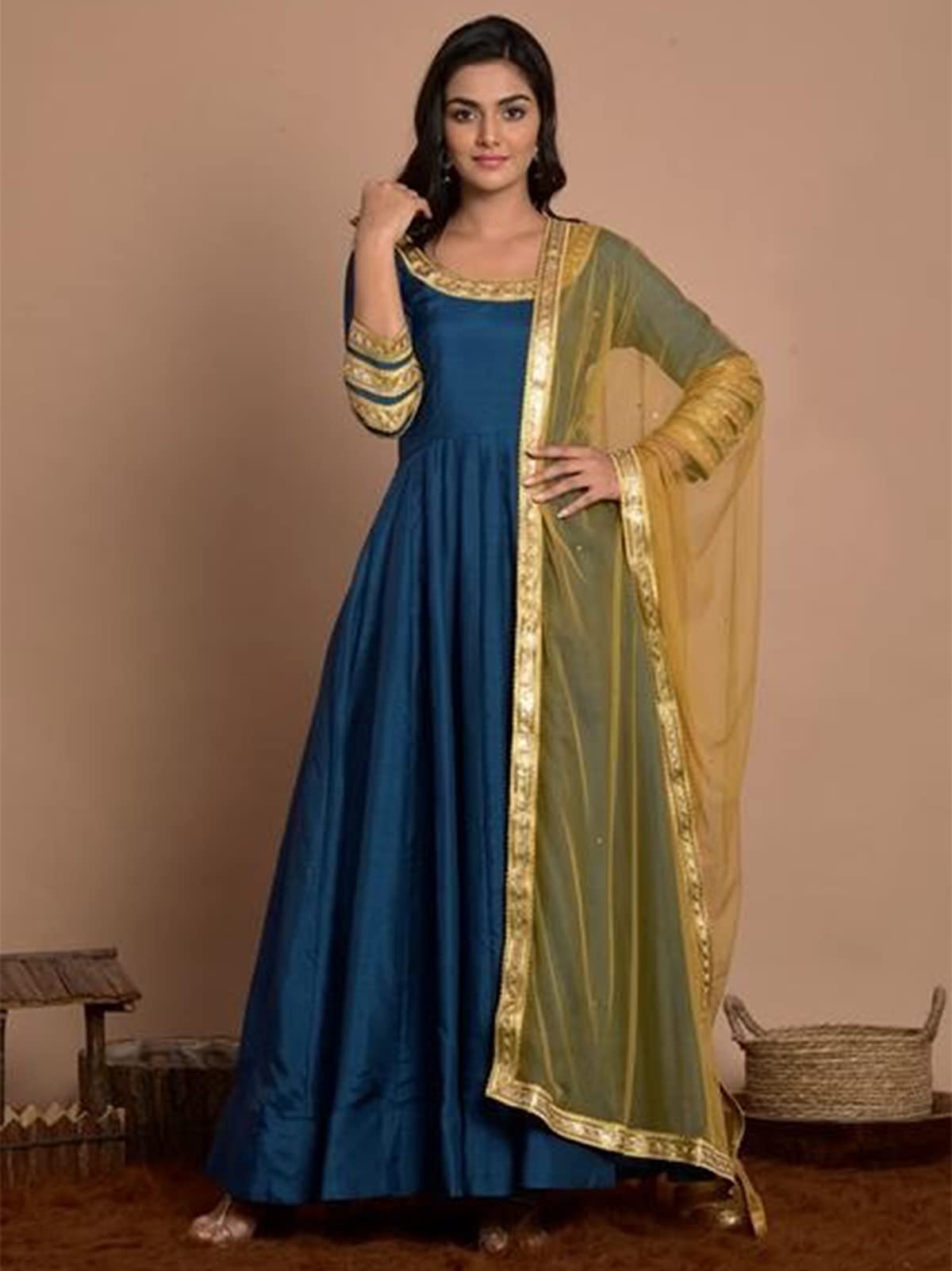 Indian Kurti for Women with Pants | Embroidered Art Silk Flared Kurta Dupatta Set - Elegant Ethnic Dress for Casual Wear, Parties & Festivals