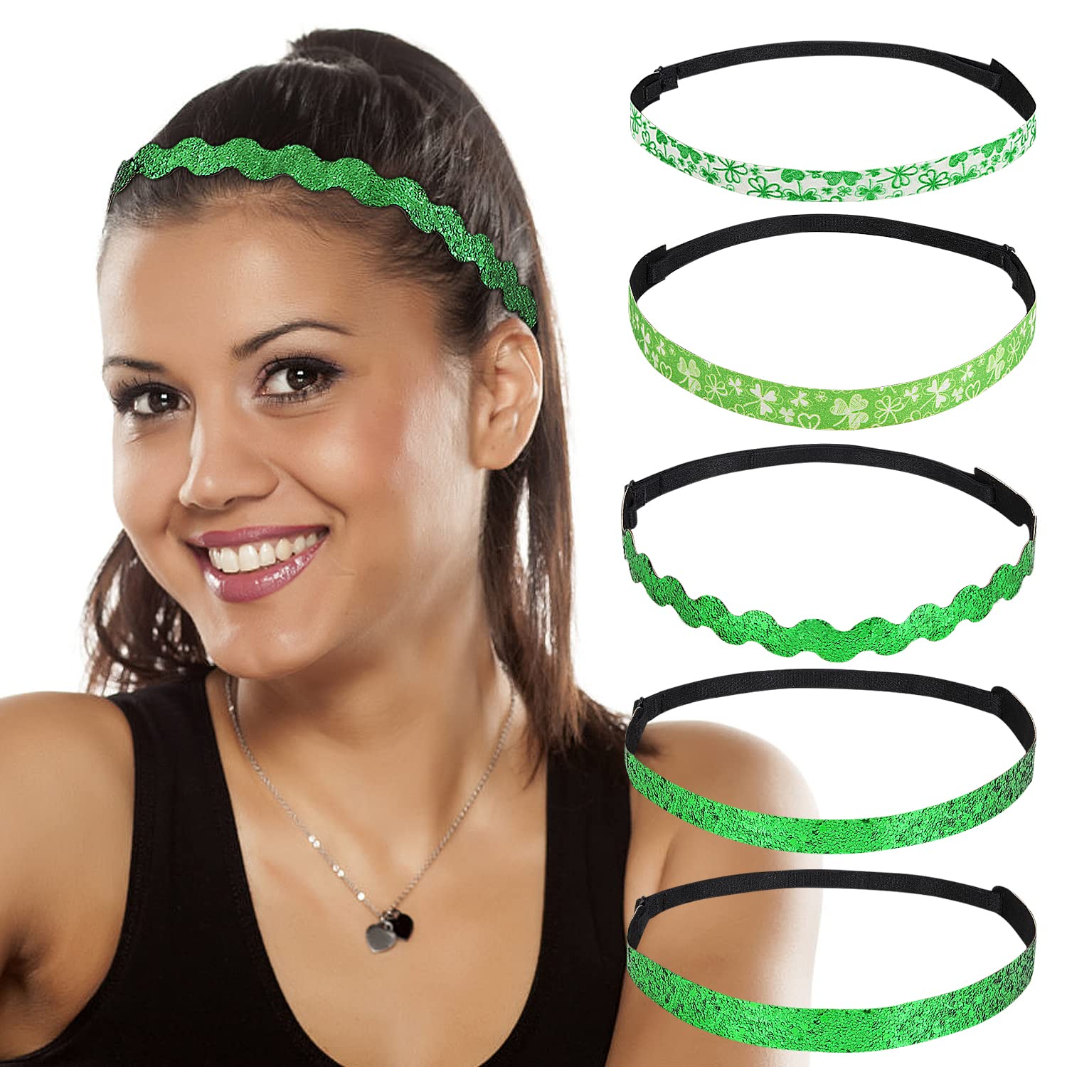 MoKo St. Patrick's Day Headband 5-Pack - Non-Slip Stretchy Green Glitter Clover Headbands for Women, Girls & Teens - Perfect for St. Patrick's Day Parties, Parades & Festive Celebrations