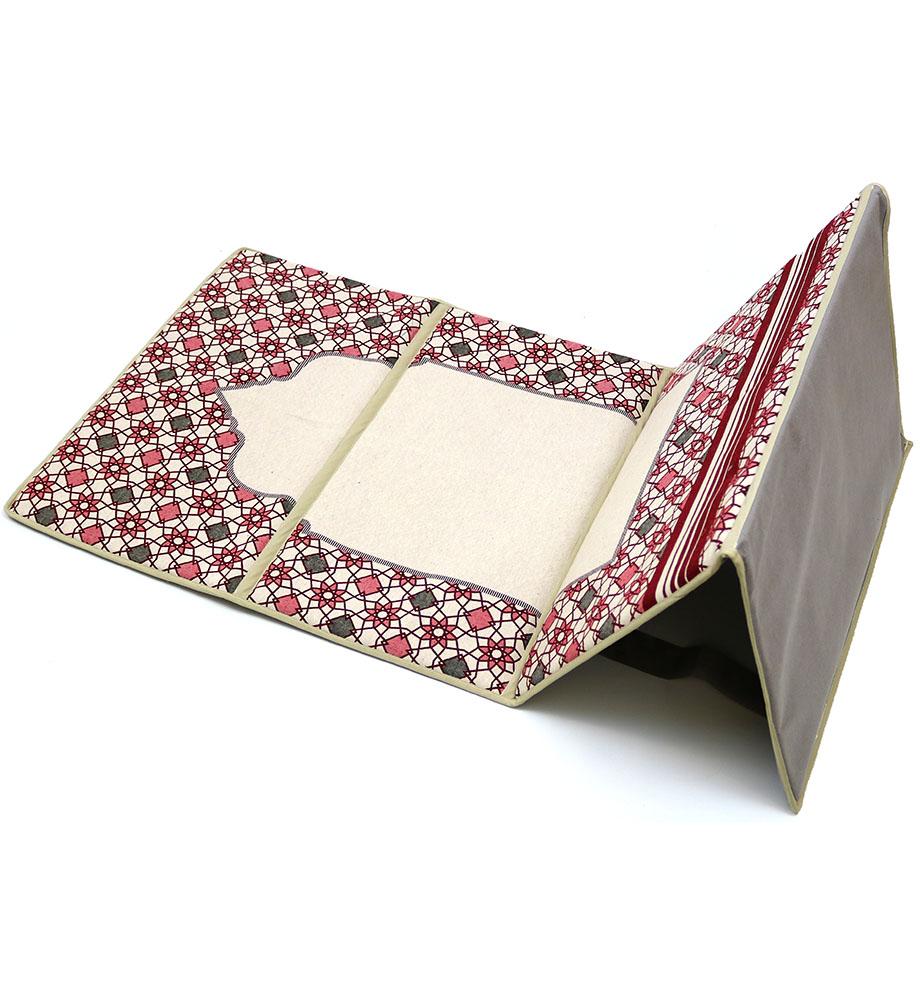 Portable Convertible Travel Prayer Mat with Adjustable Backrest - Lightweight & Foldable for On-the-Go Worship (Creme/Red) | Perfect for Muslim Prayer, Meditation, Yoga, and Outdoor Religious Activities