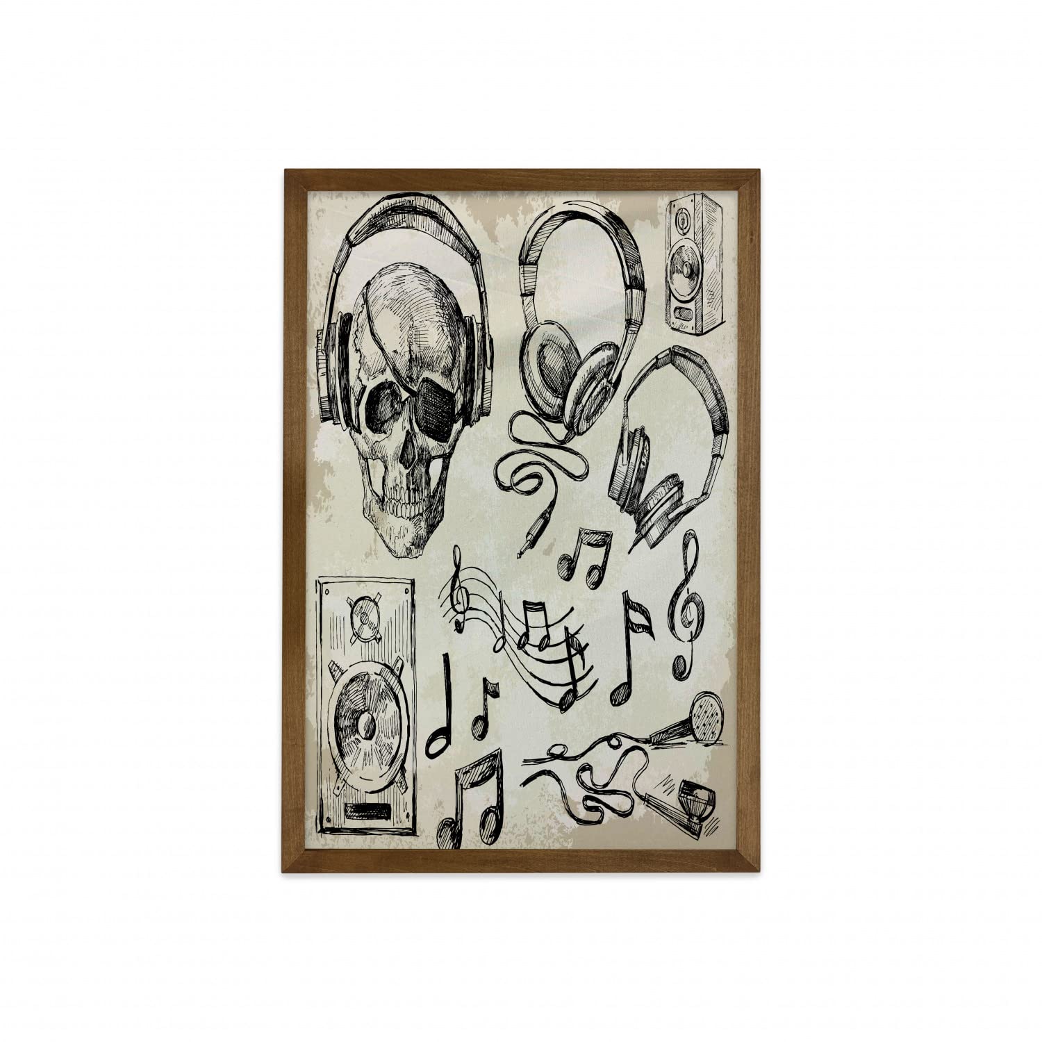 Ambesonne Music Themed Framed Wall Art - Vintage Skull with Headphones, Vinyl Record Player, Microphone & Speakers Print - Beige & Black Fabric Decor with Teak Wood Frame - 23