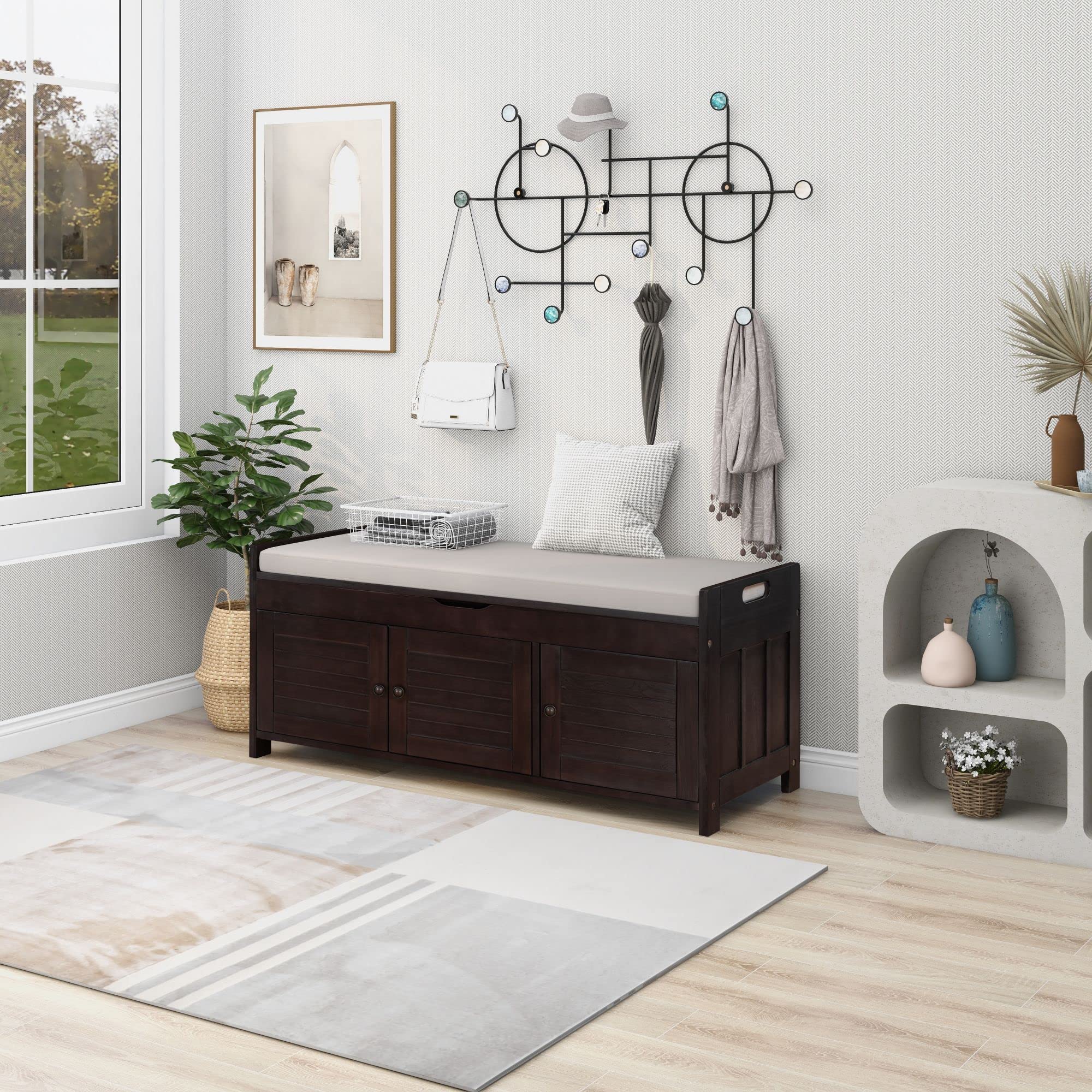 Shoe Storage Bench with 3 Shutter Doors - Entryway Organizer with Removable Cushion & Hidden Compartment (Espresso) - Perfect for Mudroom, Hallway & Small Space Organization