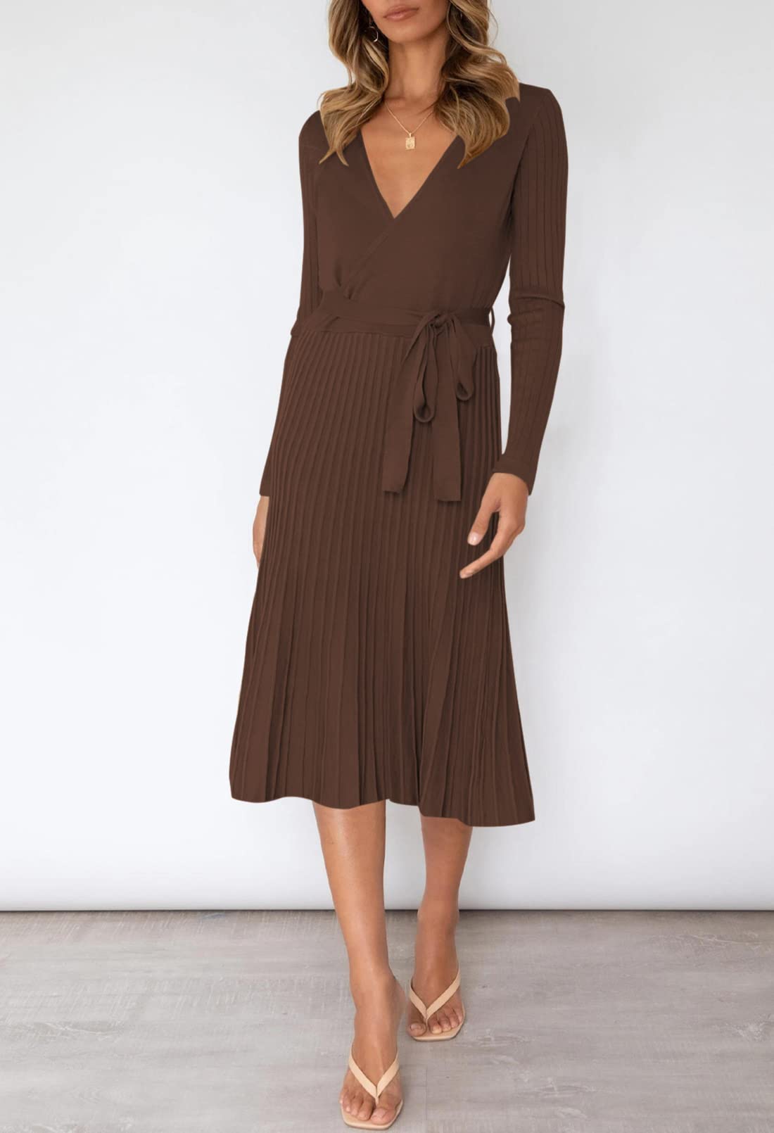 Pink Queen Women's Wrap Sweater Dress - V Neck Long Sleeve Ribbed Knit Midi Dress with Belt | Casual Office Wear, Fall Winter Fashion, Date Night Outfit