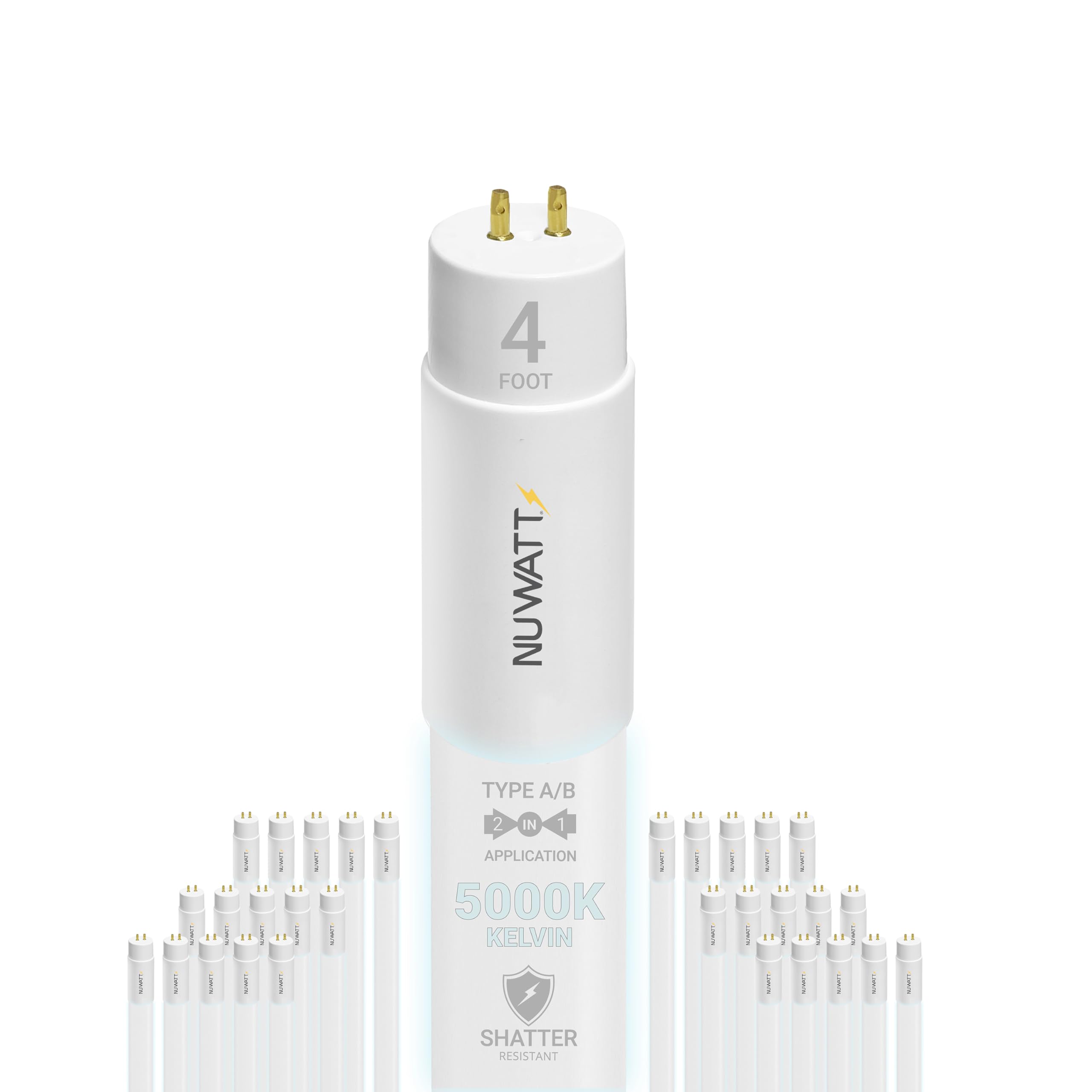 NuWatt 30 Pack 4FT LED T8 Tube Lights - T10 T12 Hybrid Type A+B, 5000K Daylight, 18W (2200 Lumens), Plug & Play or Ballast Bypass, UL Listed - Perfect for Office, Warehouse, Garage & Retail Lighting