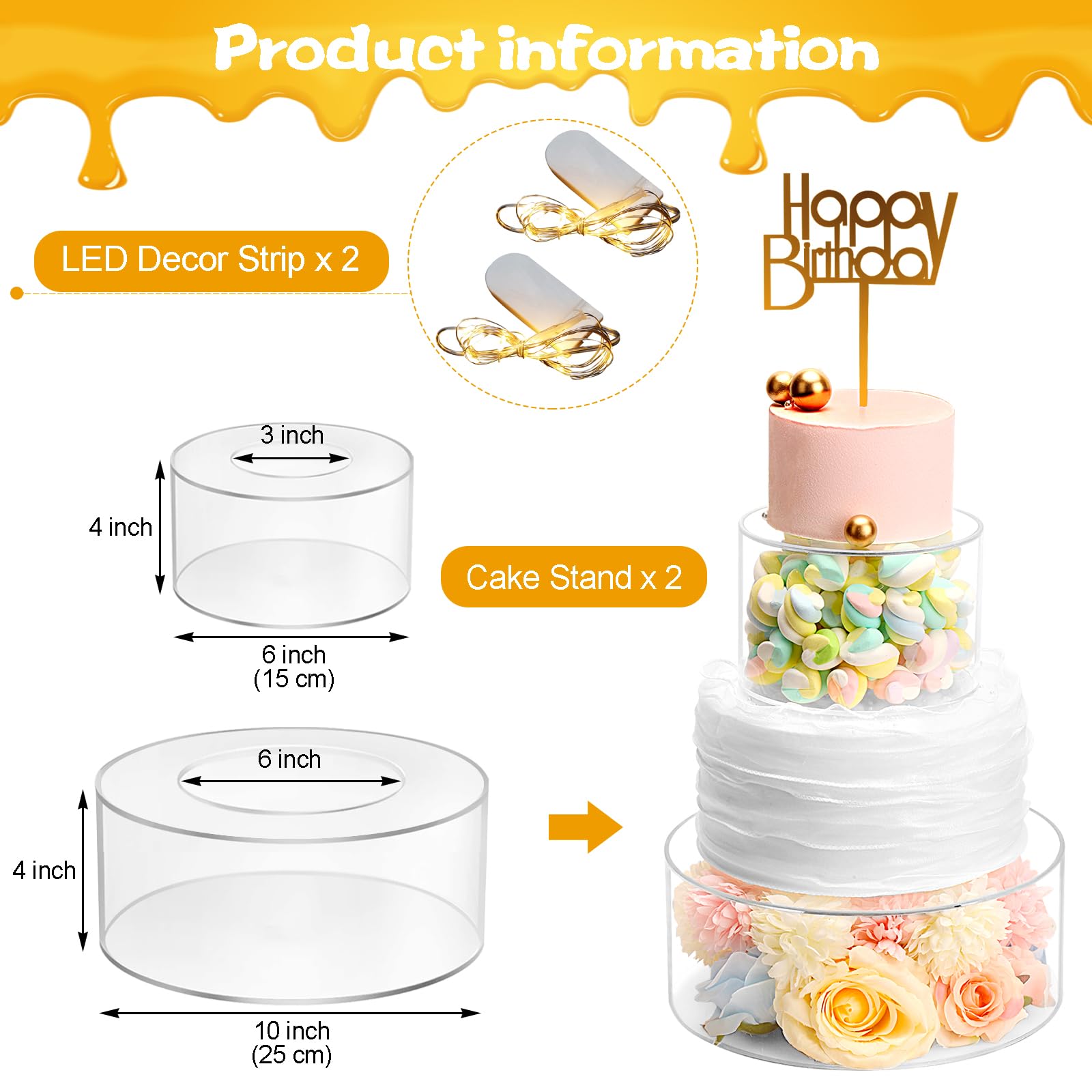 Choowin 2-Pack Clear Acrylic Fillable Floating Cake Stand Set - 10 inch & 6 inch Round Cake Risers for Wedding, Birthday Party Dessert Display | Perfect for Multi-Tier Cakes, Cupcakes & Pastry Showcase