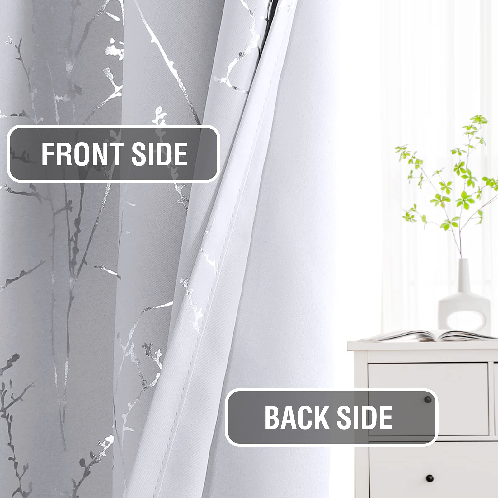 H.VERSAILTEX Blackout Curtains 52x96 Inch - Thermal Insulated Light Blocking Window Curtains with Foil Print Twig Tree Branch Design, Grommet Top for Bedroom & Living Room (2 Panels, Greyish White) - Perfect for Home Theater, Nursery & Shift Workers