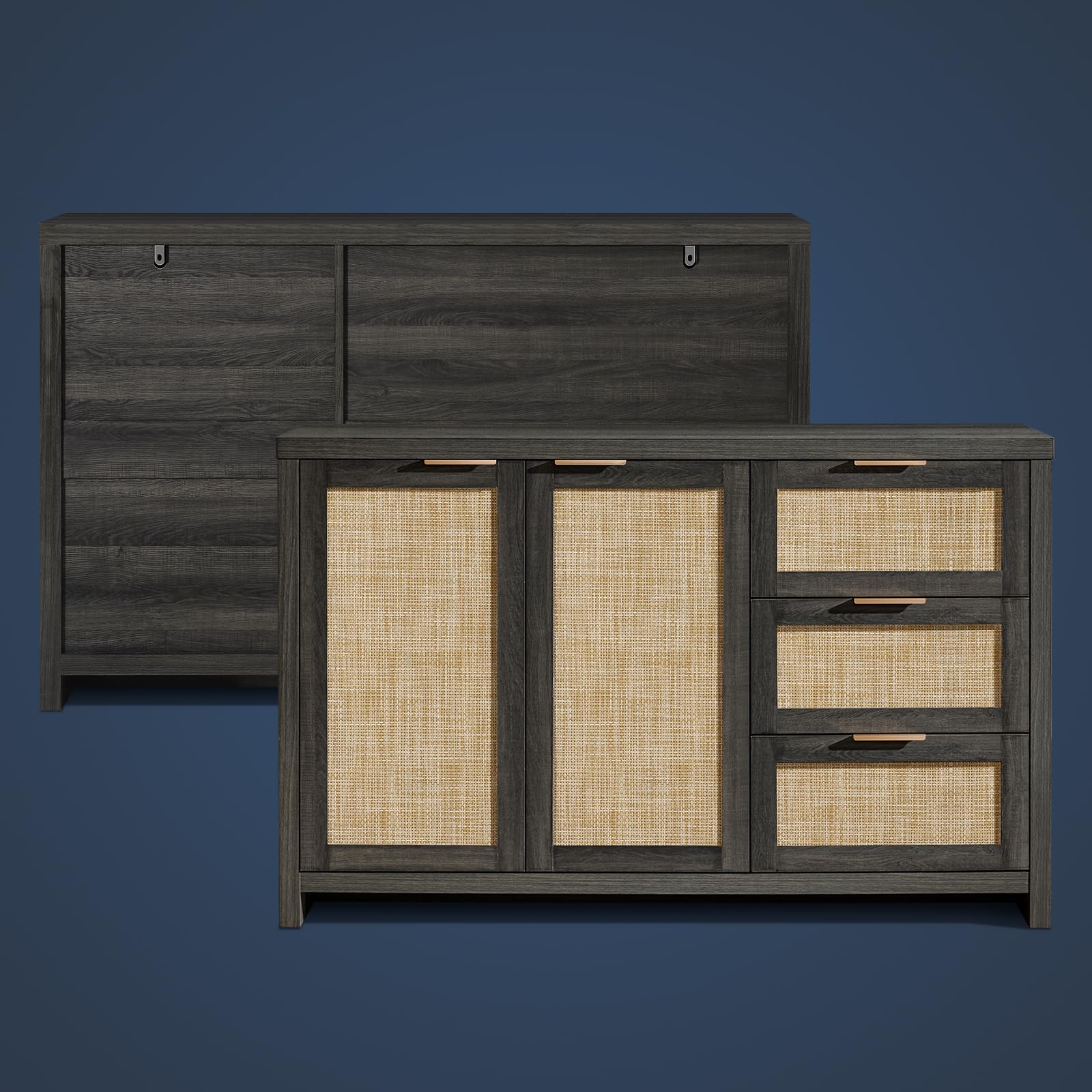 Midnight Oak Rattan Sideboard Cabinet - 3 Drawers & 2 Doors Kitchen Storage Organizer, Buffet Console Table for Dining Room, Hallway, Living Room & Bar - Perfect for Entertaining Guests & Home Organization