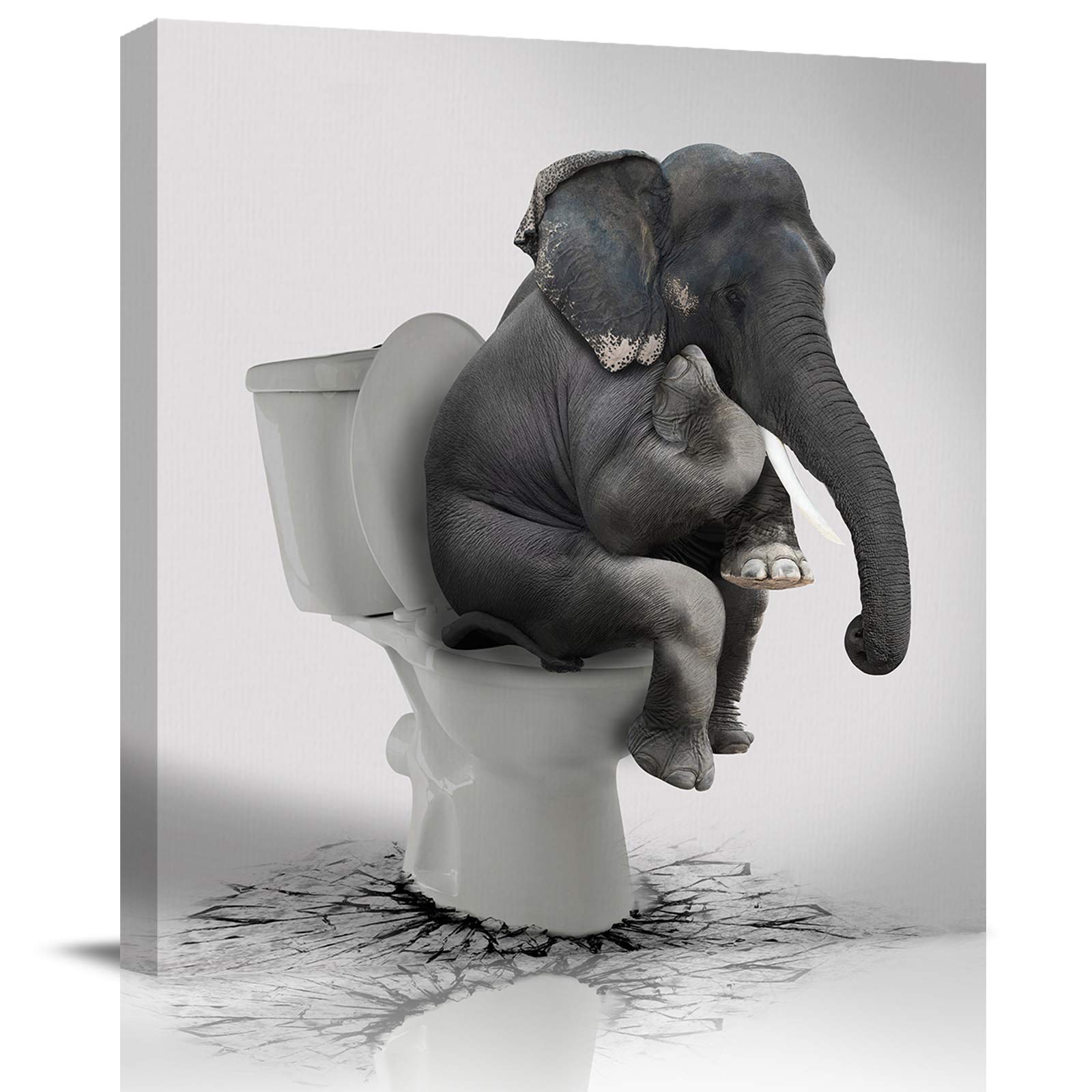 Elephant Sitting on Toilet Canvas Print - 12x12 Inch Framed Wall Art for Bathroom, Living Room, Bedroom & Kitchen Decor - Funny Animal Painting Ready to Hang - Perfect for Home, Office & Gift Giving