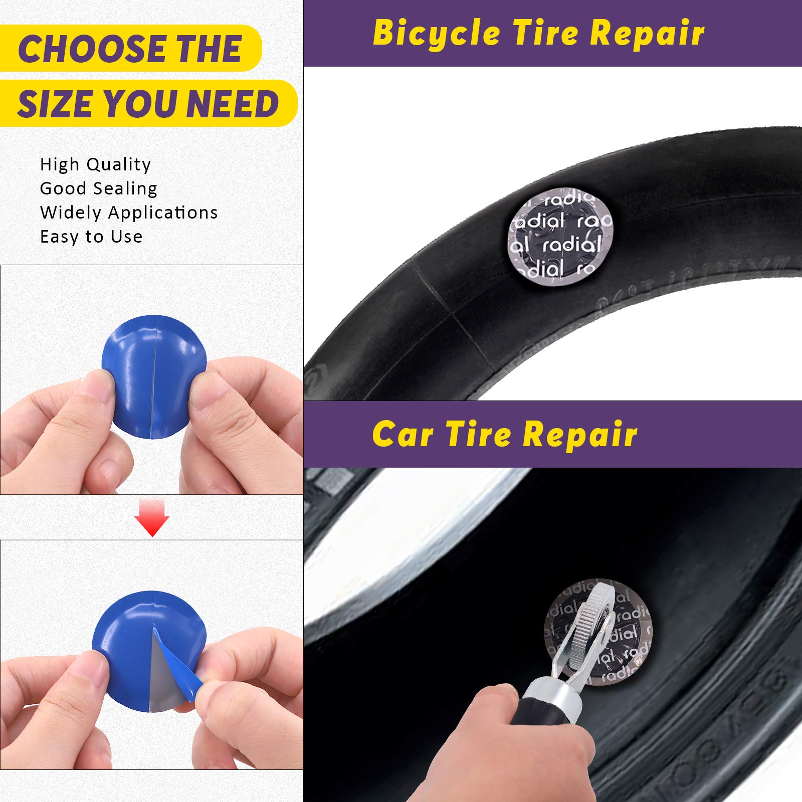 Swpeet 70Pcs Tire Repair Kit - Tire Patch Roller Tool, Valve Stem Cores & Caps, 4-Way Valve Core Tool with Dual/Single Head Remover & Puncture Patches for Car, Bike & Motorcycle Tire Maintenance