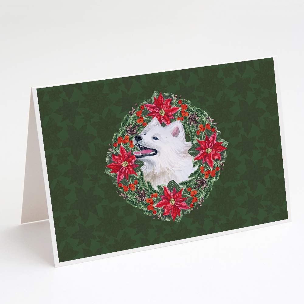 Samoyed Poinsettia Wreath Greeting Cards - Pack of 8 Blank A7 Note Cards (5x7 inches) with Envelopes - Whimsical Holiday Dog Christmas Cards for Pet Lovers, Seasonal Greetings & Festive Correspondence