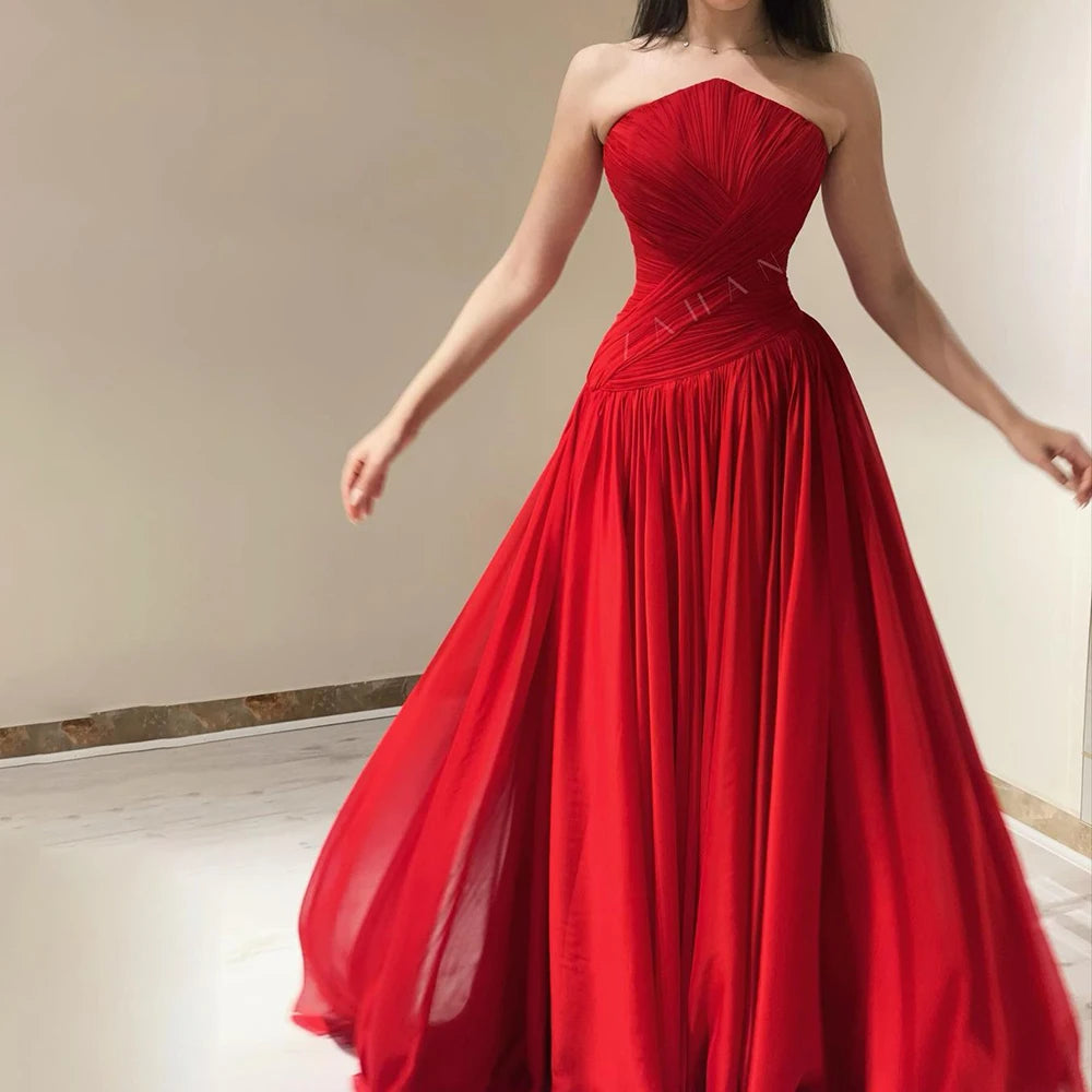 Elegant Red Chiffon Strapless Evening Dress with High Slit - Luxury Dubai Arabic Women's Wedding Prom Party Gown LA72537 | Perfect for Formal Events, Red Carpet & Special Occasions