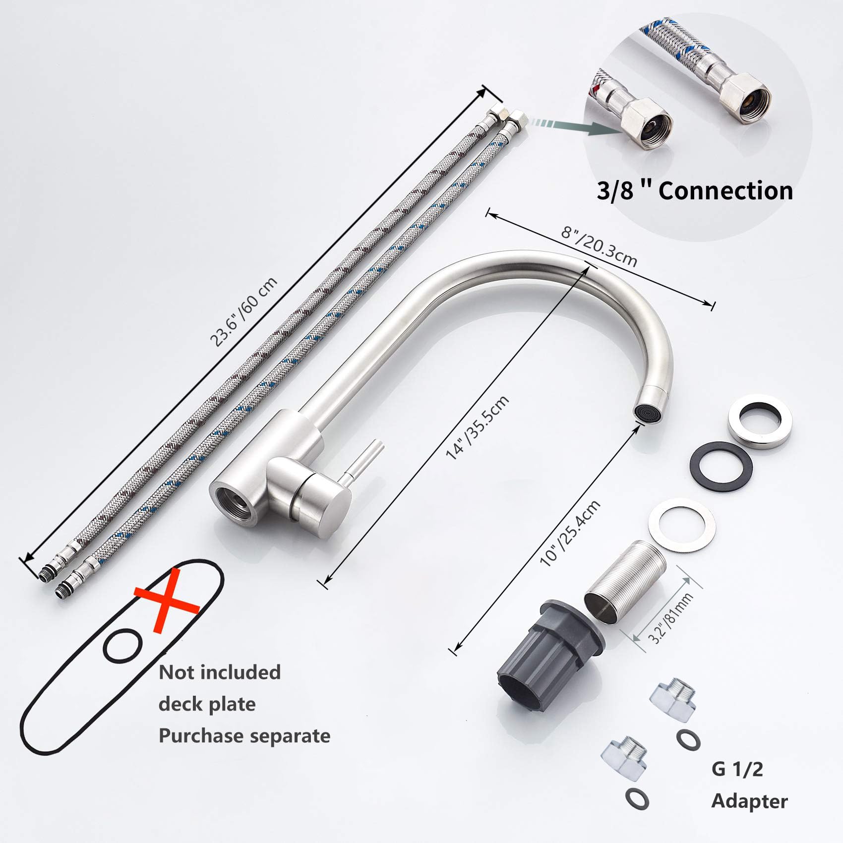 Brushed Nickel Single Handle Kitchen Sink Faucet with Hot and Cold Water Hoses, Commercial Grade Single Hole Mixer for Bar and Prep Sinks, Ideal for Home and Restaurant Kitchens