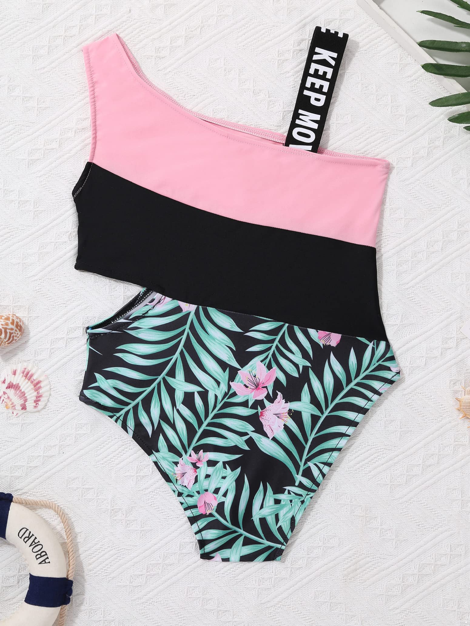Girls' One Shoulder Letter Print Swimsuit - Stylish Cutout Waist One Piece Bathing Suit for Kids | Perfect for Beach, Pool Party & Summer Vacation