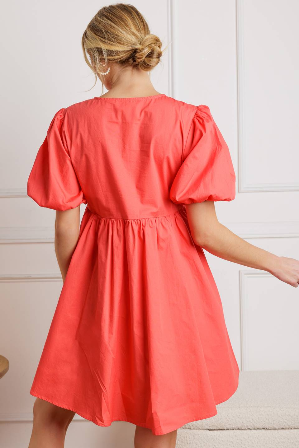Front Tie Puff Sleeve Mini Dress in Coral - Elegant Summer Party & Date Night Outfit for Women