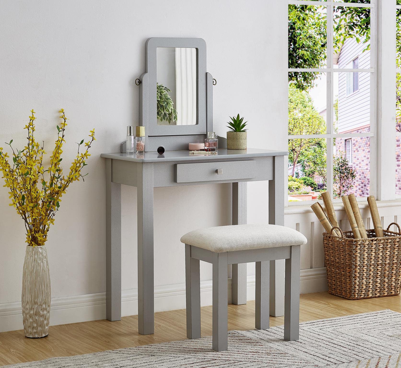 GTU Furniture Transitional Vanity Set with Mirror & Stool - Silver Finish | Elegant Dressing Table for Bedroom, Bathroom & Makeup Area | Perfect for Women's Beauty Routine & Home Decor