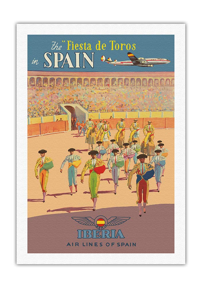 Vintage 1950s Spanish Bullfighting Travel Poster - Iberia Airlines of Spain Fine Art Canvas Print 27x40 Inches - Fiesta de Toros Wall Decor for Home, Office & Travel Themed Rooms