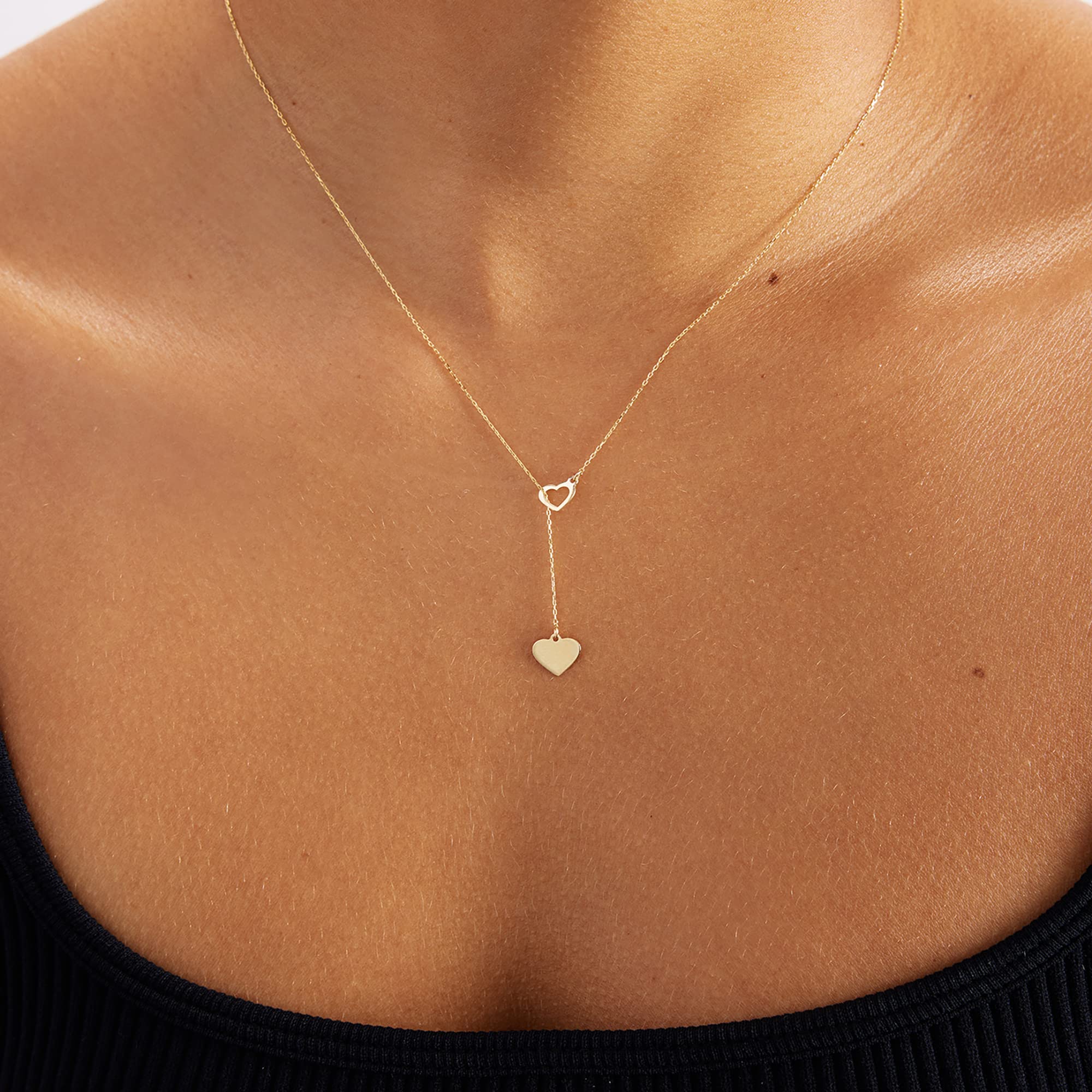 14K Solid Gold Two Heart Lariat Y-Necklace for Women - Elegant Layered Necklace for Valentine's Day, Anniversary & Romantic Gifts