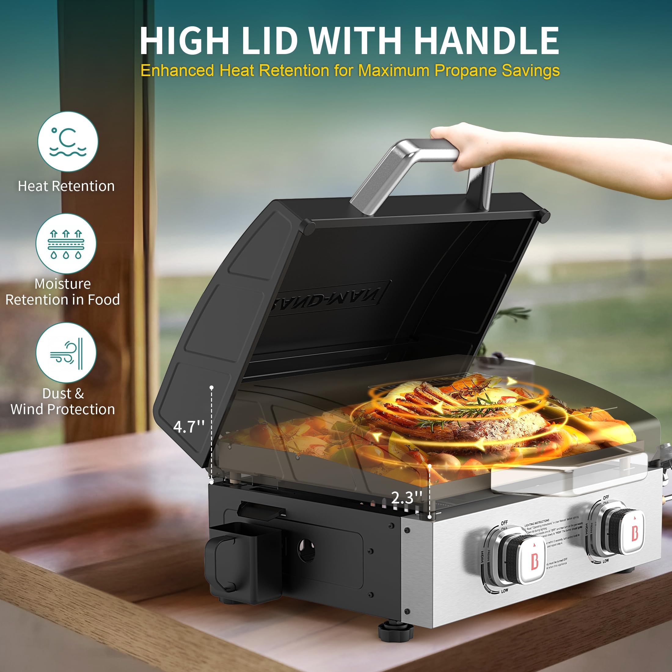 Brand-Man 2-Burner 18,000 BTU Portable Propane Griddle with Lid - Flat Top Gas Grill with Warming Rack & Adapter Hose - Perfect for Outdoor Cooking, Camping, Tailgating, Backyard BBQs & Picnics