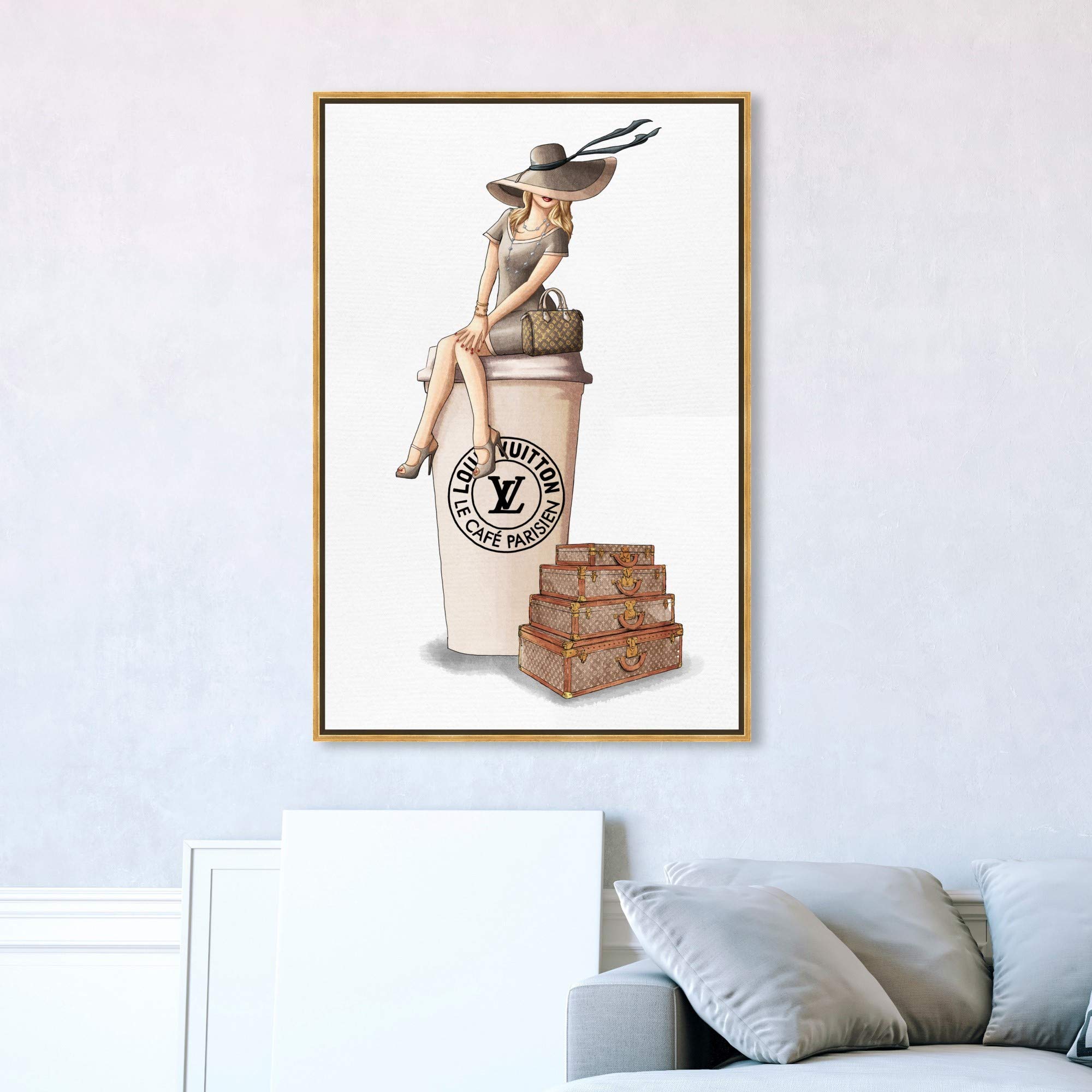 Oliver Gal Artist Co. 'Cafe au Lait Paris' Fashion Wall Art Print - 30x45 Inch Brown Framed Canvas - Handbag & Glam Decor for Living Room, Bedroom, Office