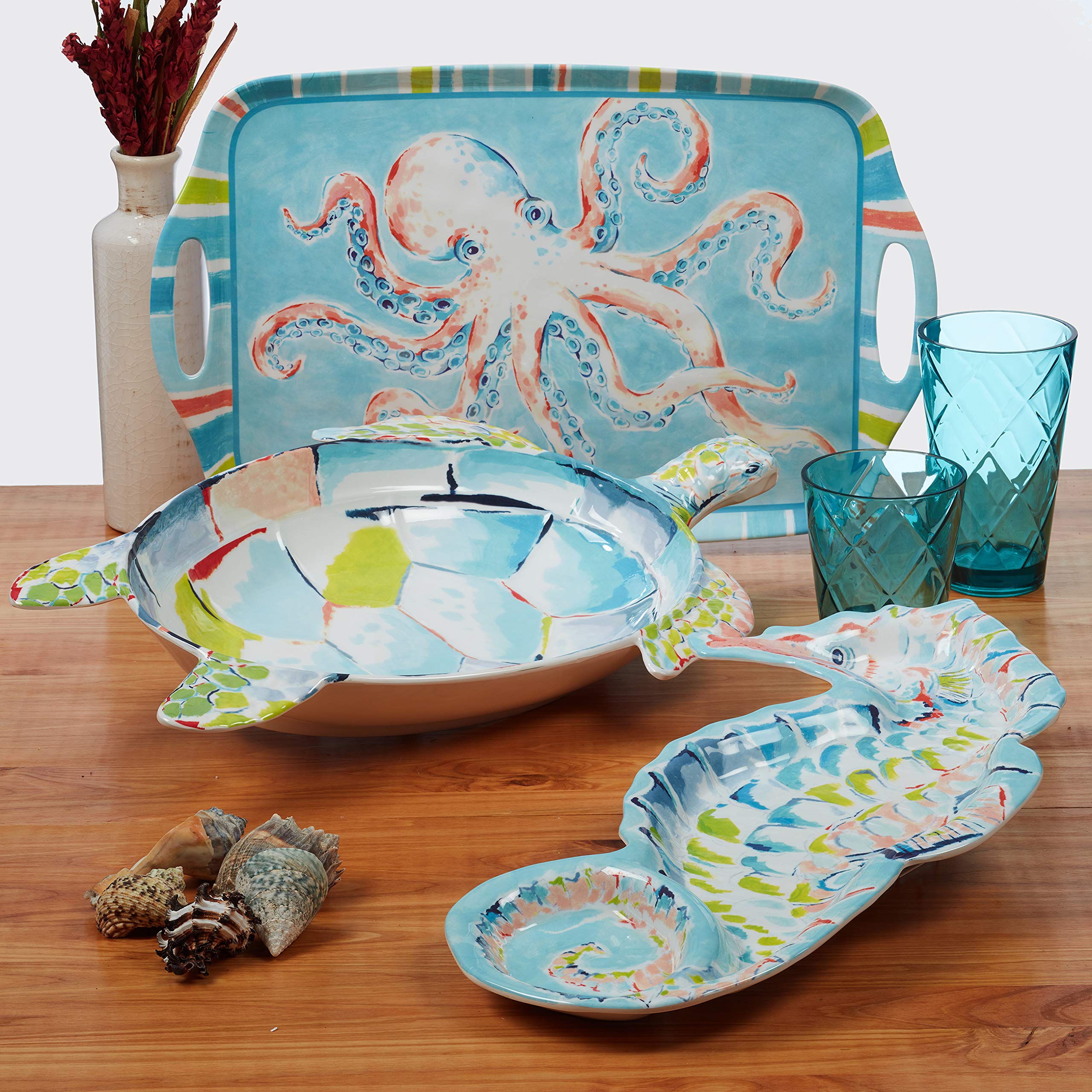 Certified International 12-Piece Melamine Dinnerware Set - Deep Sea Design, Service for 4, Durable & Shatterproof Plates & Bowls - Perfect for Outdoor Dining, Picnics, and Beach Parties