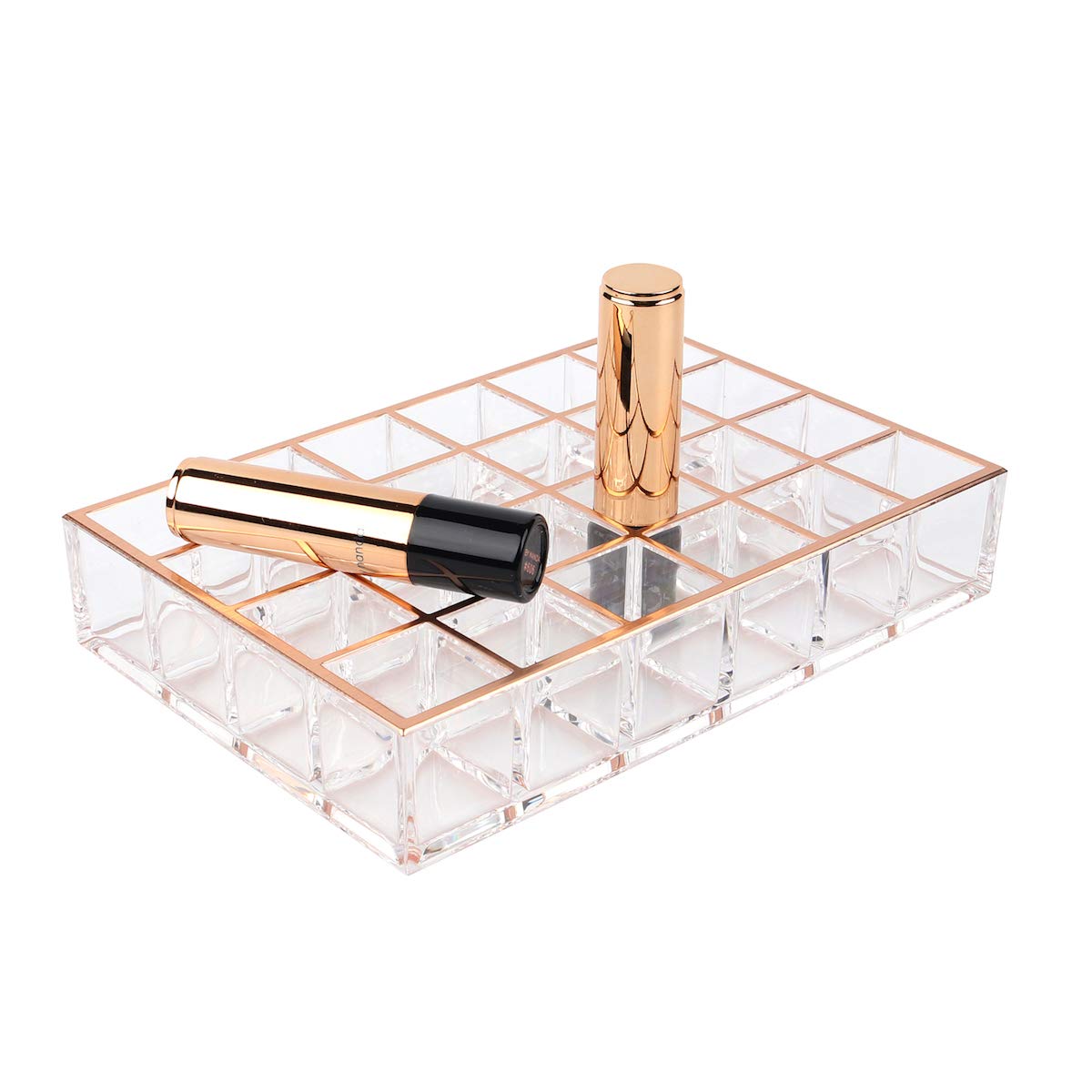 Moonlight Rose Gold Acrylic Lipstick Holder & Organizer - 24 Slot Makeup Storage for Vanity or Drawer | Perfect for Cosmetic Display & Beauty Counter Organization
