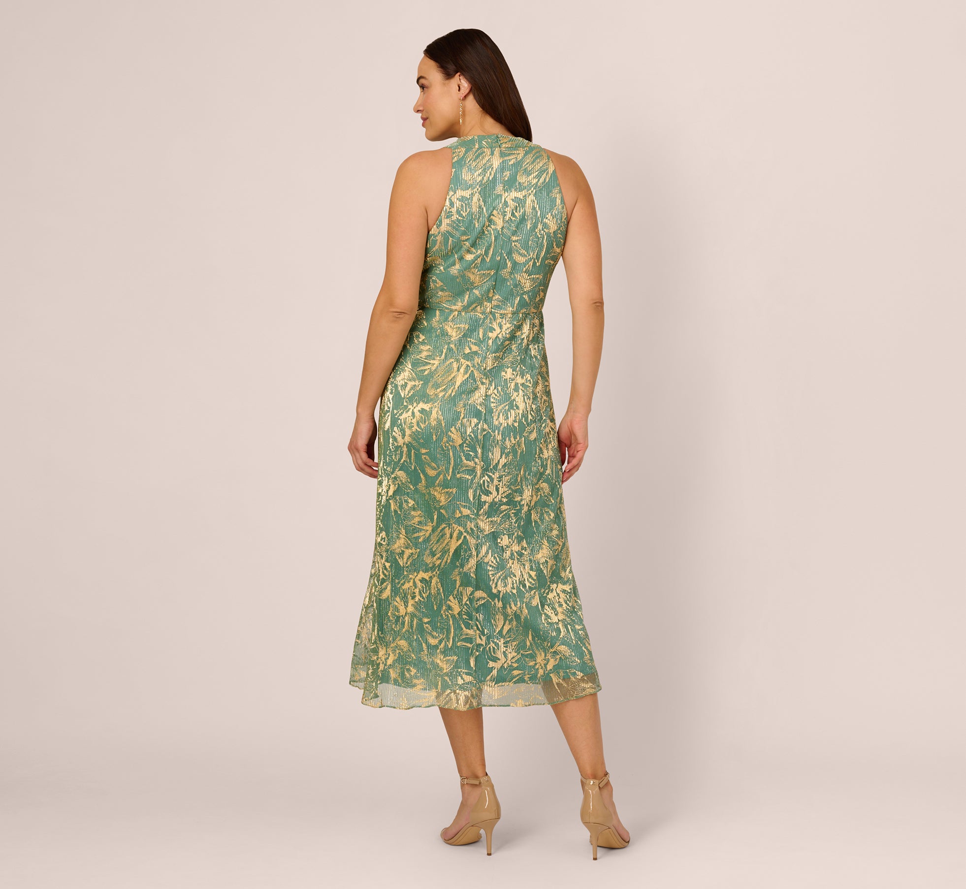 Plus Size Sleeveless Metallic Crinkle Midi Dress in Sage Gold - Elegant Formal & Cocktail Party Wear for Women