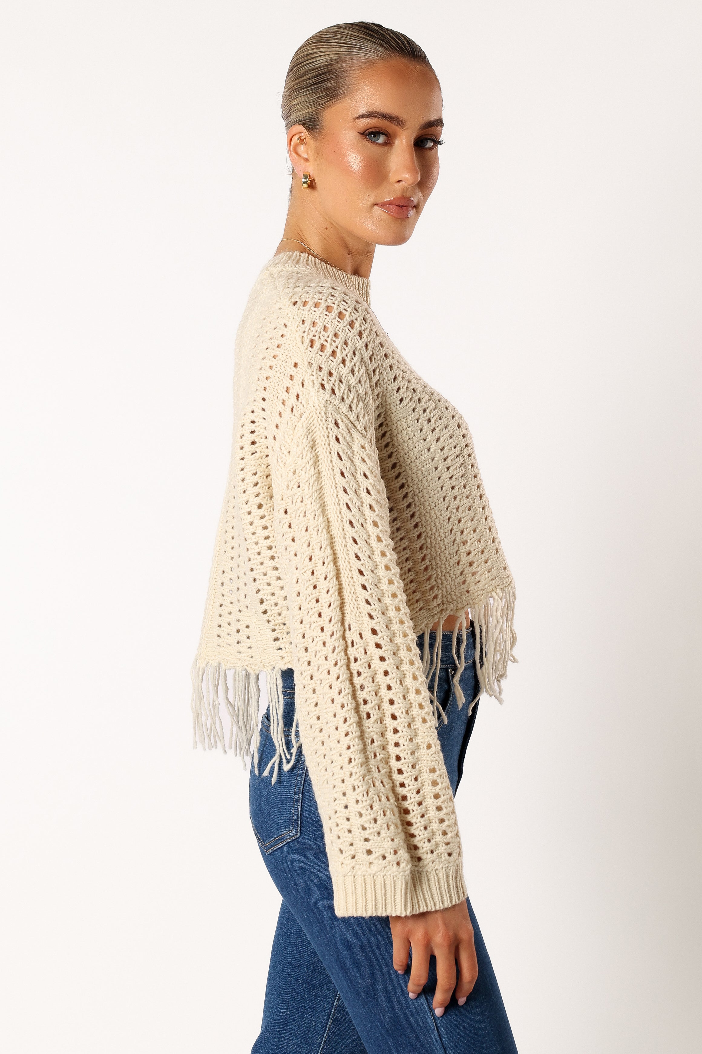 Katalina Fringe Crop Knit Sweater for Women | Cream Color | Soft Yarn Material | Perfect for Casual Outfits, Date Nights & Fall Fashion