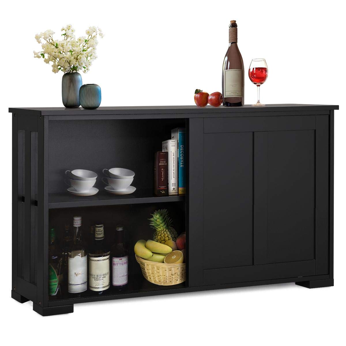 Yaheetech Adjustable Wine Cabinet with Sliding Door - Narrow Bar Storage for Living Room, Kitchen, or Dining Area - Black Wooden Wine Rack for Home Decor and Entertaining