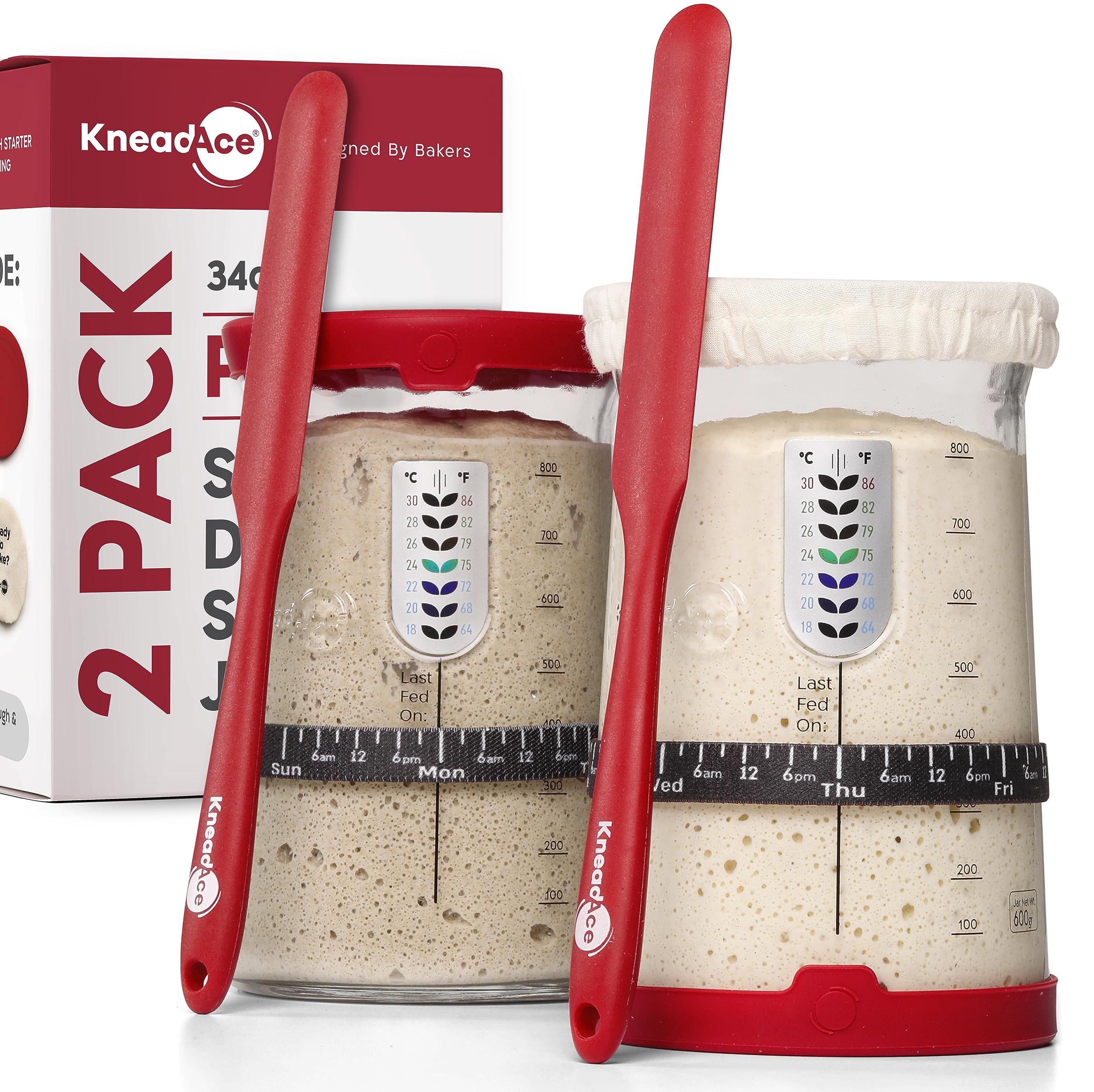 Pro Sourdough Bread Starter Kit - 34oz Large Glass Jar with Lid, Temperature Strip & BPA-Free Design | Complete Sourdough Starter Supplies for Perfect Homemade Bread | Ideal for Beginners, Bakers & Bread Making Enthusiasts | Great Gift for Kitchen & Baking Lovers