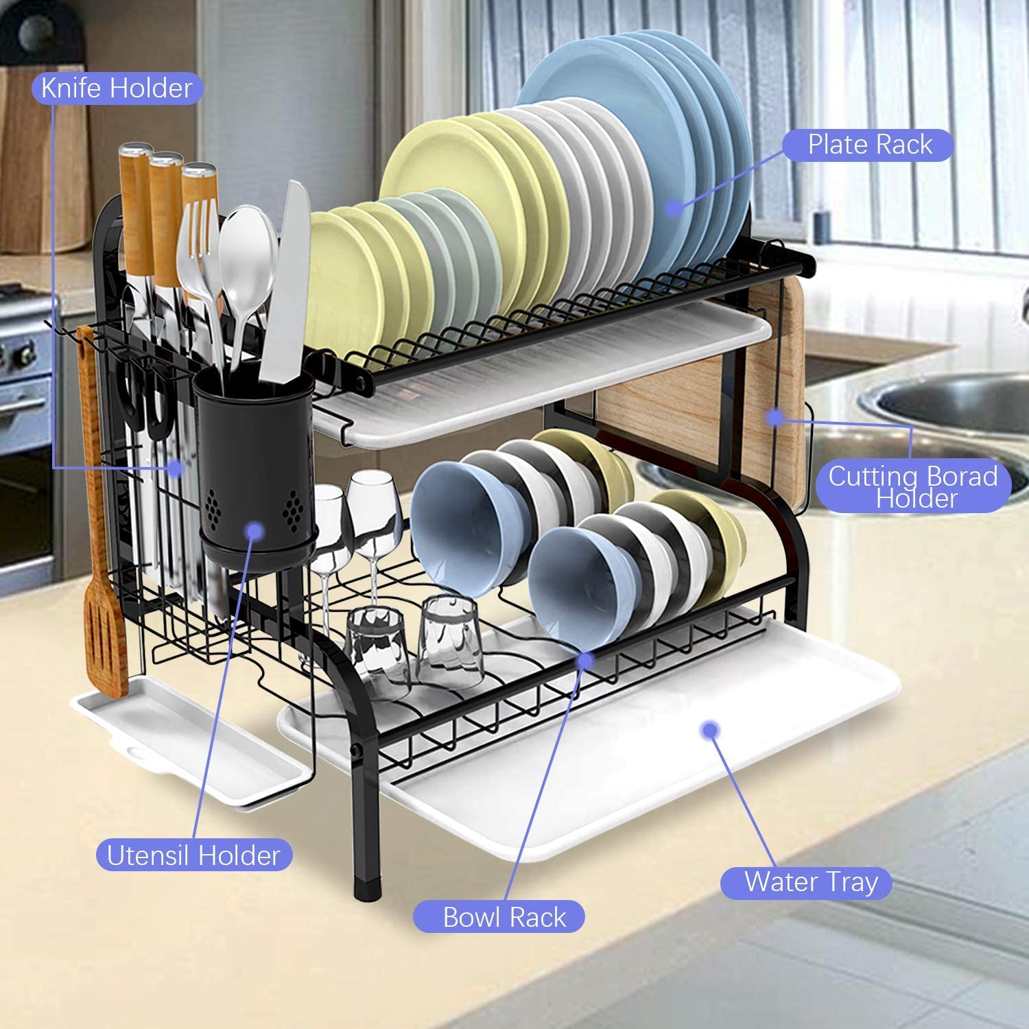 2-Tier Stainless Steel Dish Drying Rack with Drainboard & Cup Holder - Space Saving Kitchen Counter Organizer for Plates, Bowls & Utensils | Perfect for Small Kitchens, Apartments & RVs