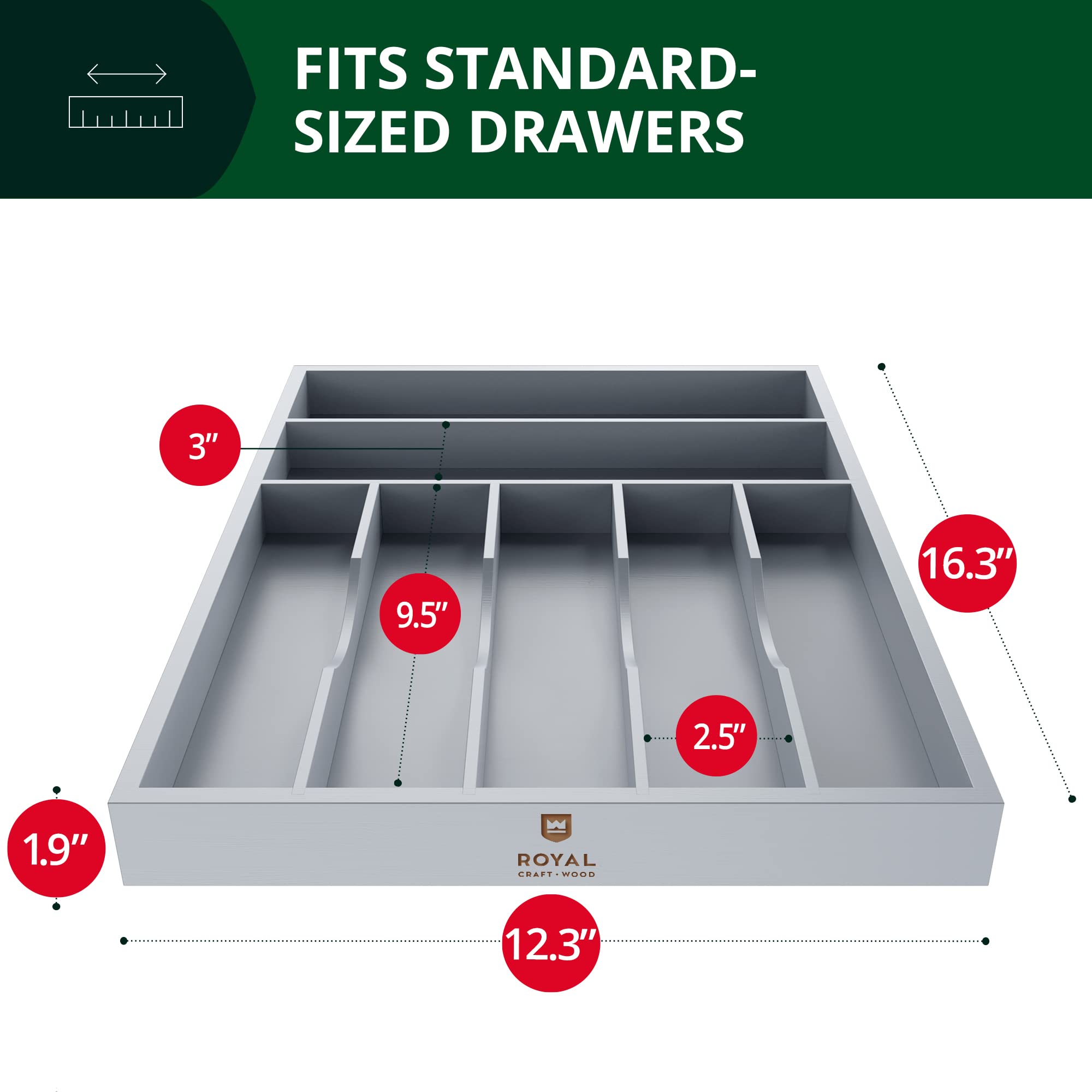 Premium Bamboo Kitchen Drawer Organizer - 7-Slot Silverware & Utensil Holder with Adjustable Dividers for Forks, Spoons, Knives | Gray Cutlery Tray for Kitchen Organization | Perfect for Home, Restaurant & Office Use