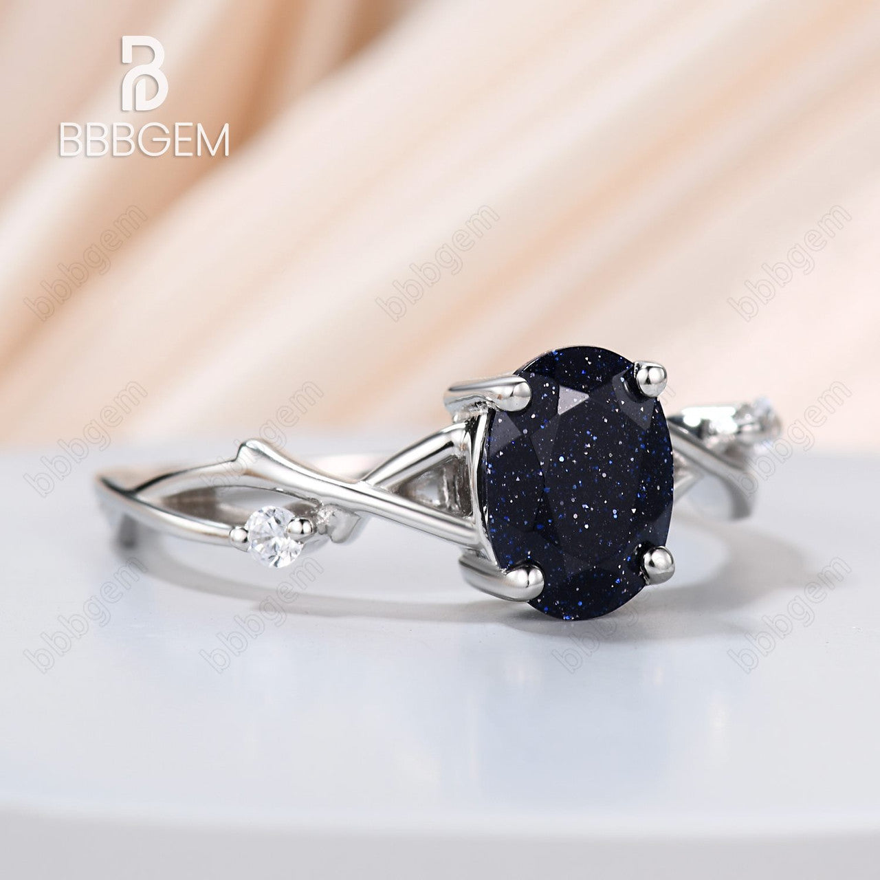 925 Sterling Silver White Gold Plated Oval Natural Blue Sandstone Twisted Vine Solitaire Engagement Ring for Women - Perfect for Proposals, Weddings & Anniversary Gifts
