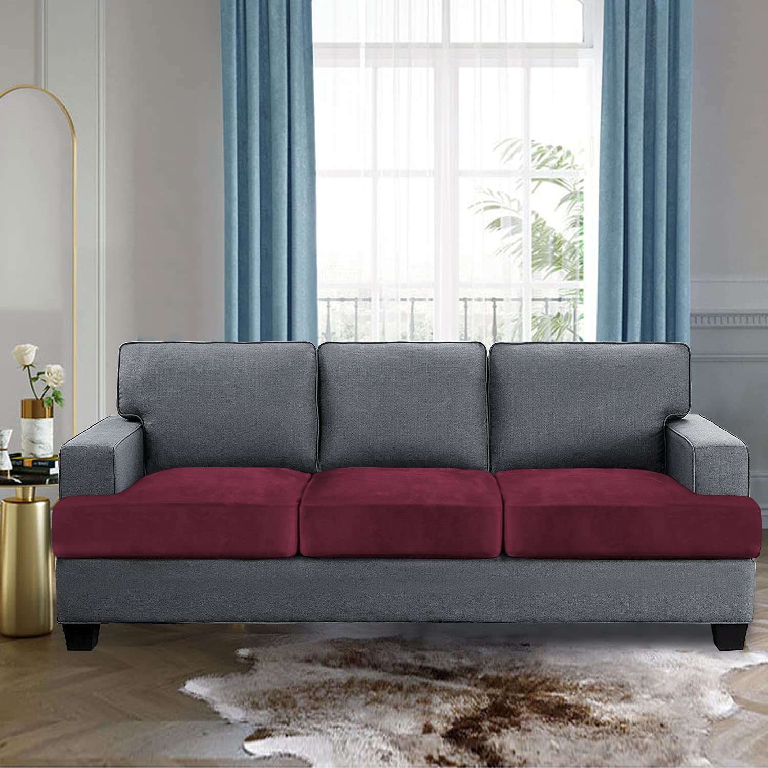 H.VERSAILTEX Stretch Velvet 3-Piece Sofa Slipcover Set - Soft T-Cushion Covers for 3-Seat Couch, Burgundy Red Velour Fabric with Non-Slip Design | Perfect for Living Room, Sectional Sofa & Home Decor