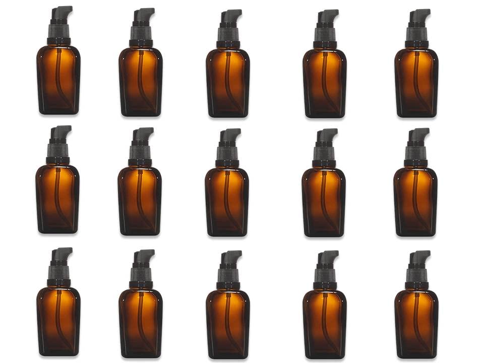 Pharcos 30ml Empty Refillable Square Amber Glass Bottles with Black Cream Lotion Pump - 15 Pack for Makeup, Face Cream, Facial Cleanser, Toner & Travel Toiletries | Perfect for DIY Skincare, Salon Use & Home Organization