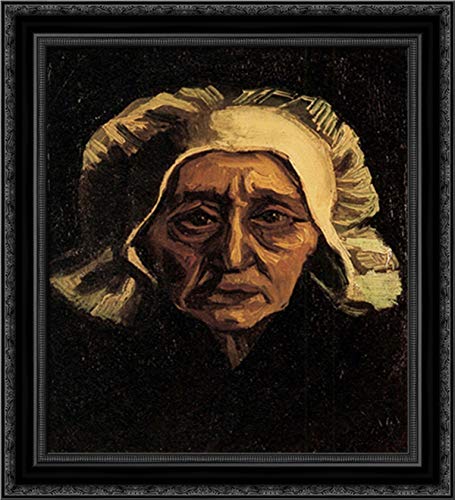 Vincent van Gogh Framed Canvas Art - Old Peasant Woman with White Cap, 20x22 Inch Black Ornate Wood Frame - Wall Decor for Living Room, Bedroom & Office