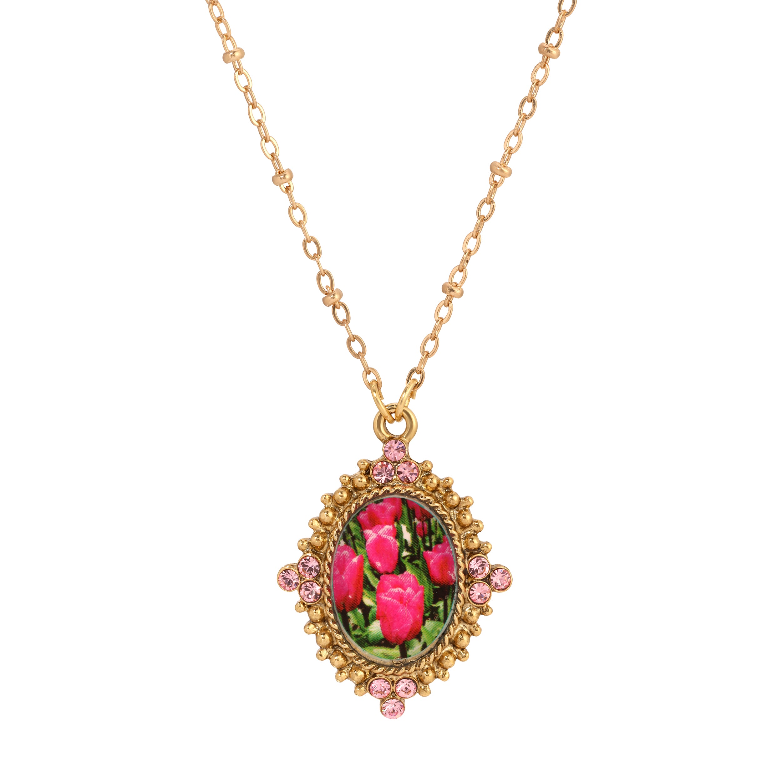 1928 Jewelry Blooming Pink Tulips & Pink Crystals Pendant Necklace 18