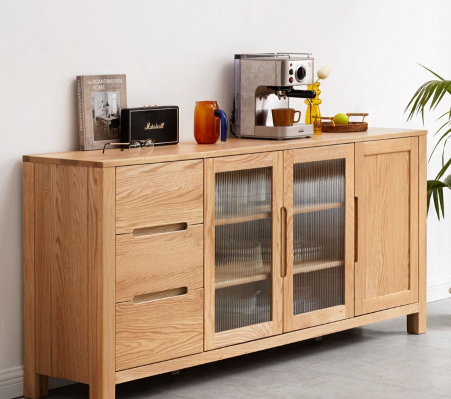 Solid Oak Wood Sideboard Buffet Cabinet - Rustic Farmhouse Dining Room Storage Furniture for Home Decor & Entertaining