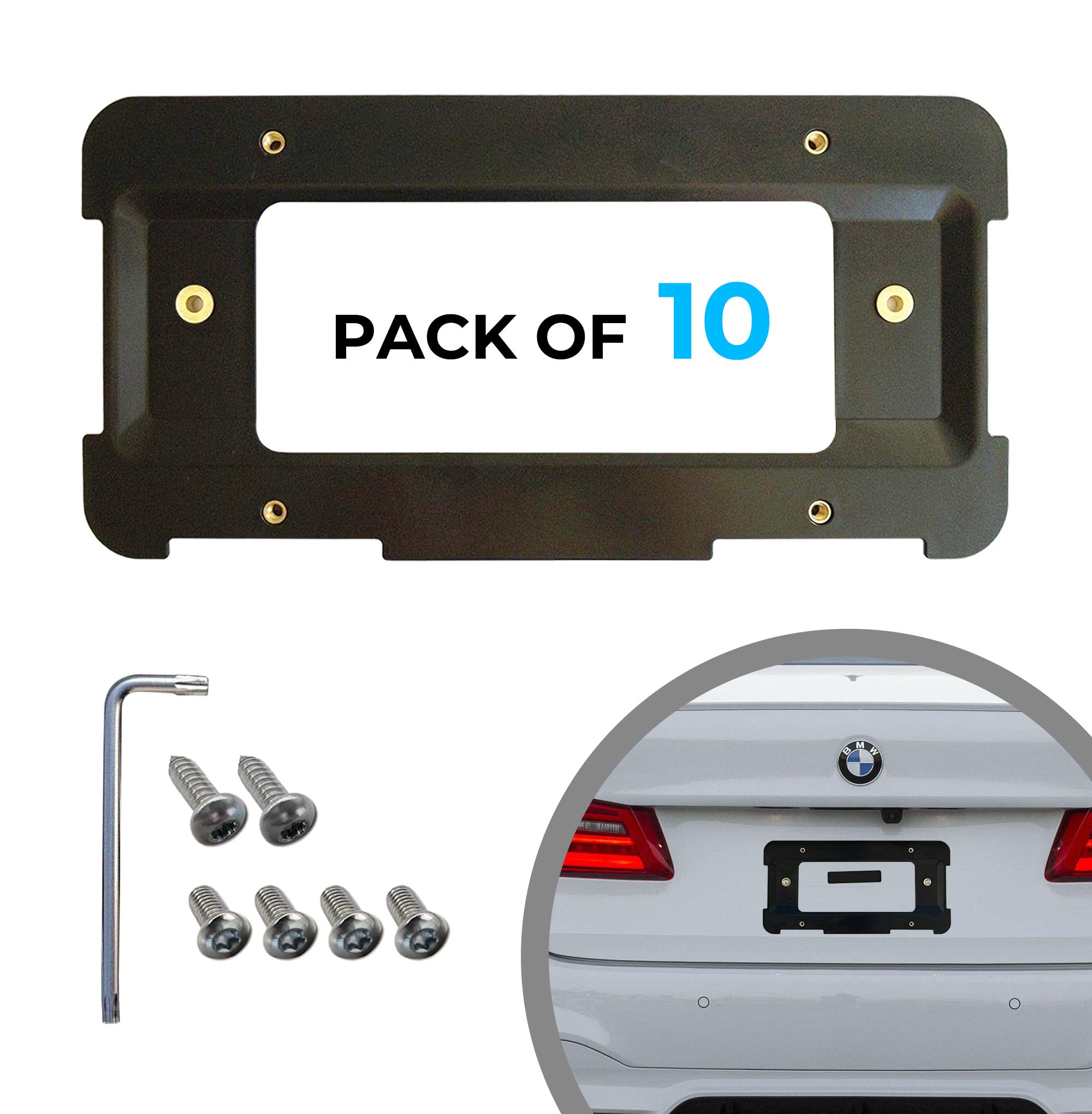 Premium Rear Bumper License Plate Bracket for BMW 2000-2024 Models - Heavy Duty Plate Holder Set with 6 Screw Bolts & Wrench Kit - Universal License Tag Mounting Kit (10-Pack) - Perfect for Car Enthusiasts & DIY Auto Upgrades