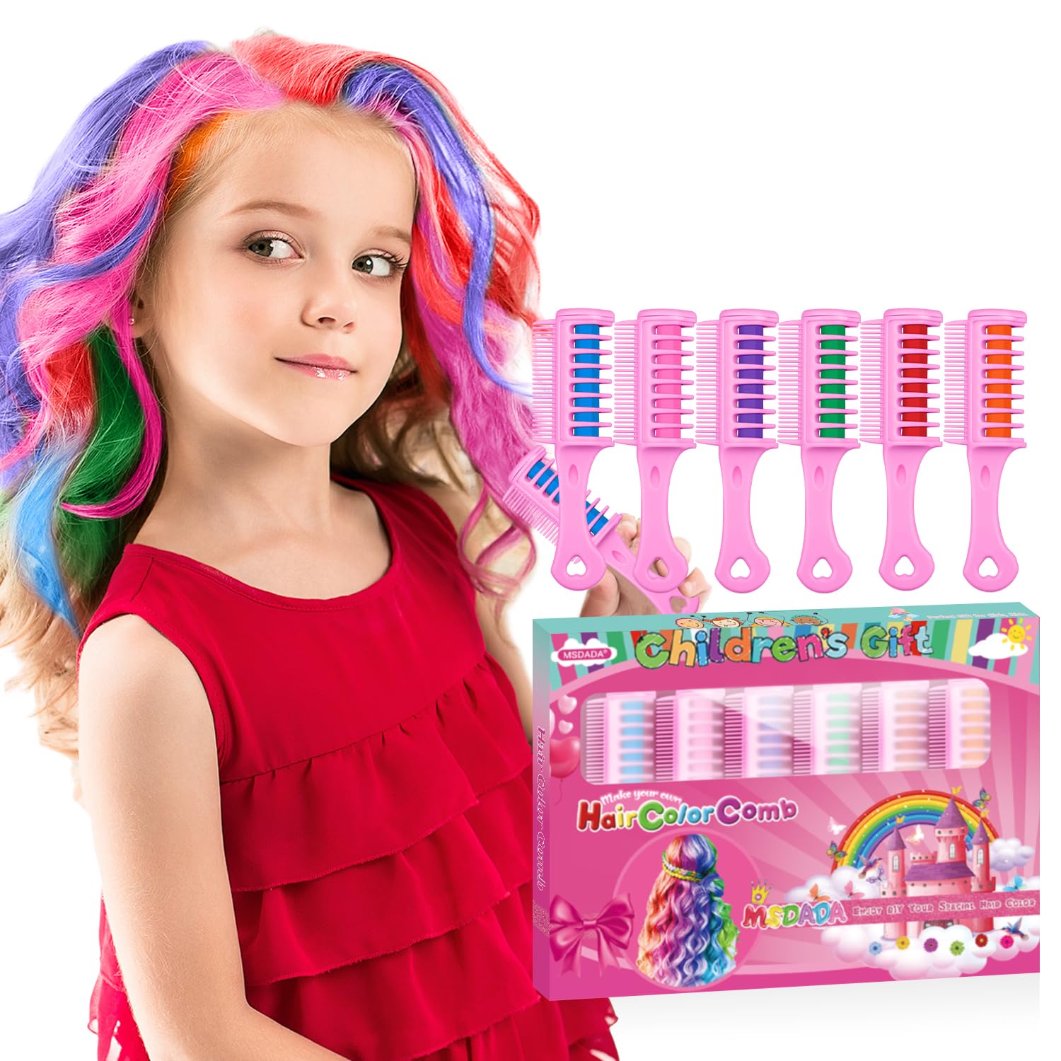 Washable Temporary Hair Chalk Comb for Kids & Girls - Non-Toxic Hair Color Dye for Ages 5-10+ | Birthday, Christmas Gift & Cosplay DIY (Blue, Pink, Purple, Green, Red, Orange) | Perfect for Parties, Halloween & Playdates