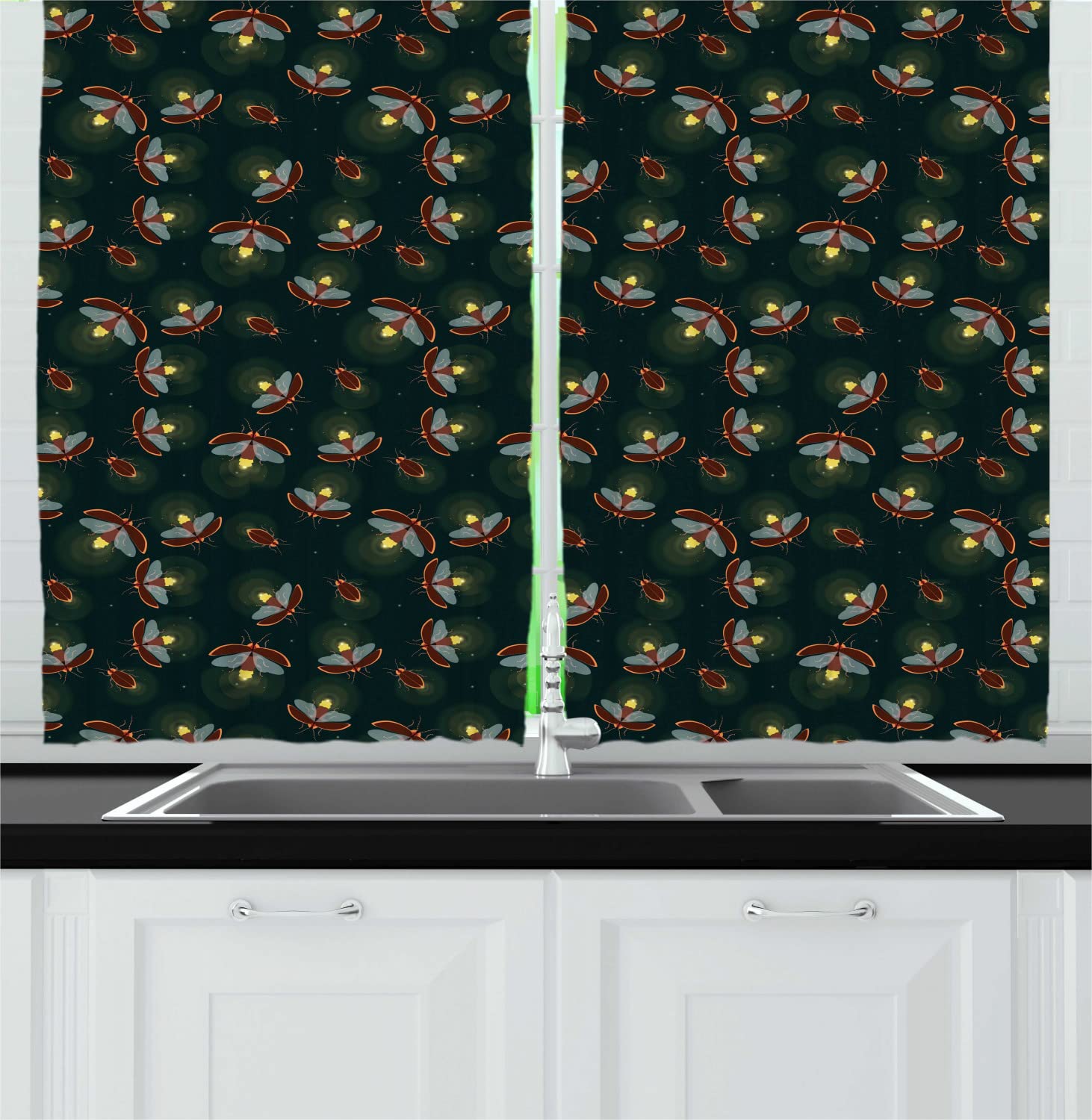 Ambesonne Firefly Long Kitchen Curtains - Dark Green Burgundy Woodland Beetles Design, 55