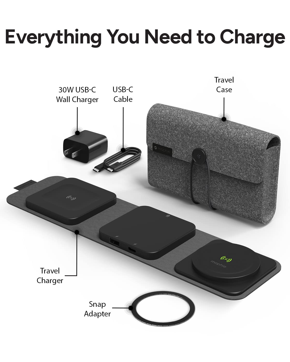 mophie 3-in-1 Magnetic Wireless Charging Station - Fast Qi-Certified Charger for iPhone 15/14/13, Samsung Galaxy, AirPods & More | Portable Travel Charging Pad for Home, Office & Car (Watch Charger Not Included)