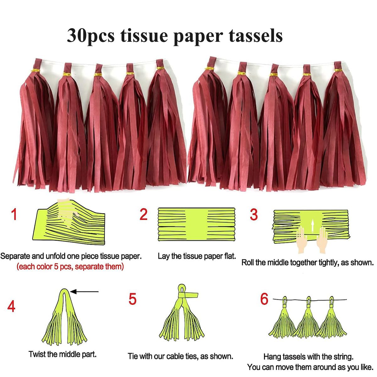 30pcs Burgundy Paper Tassels Garland - DIY Hanging Party Decorations for Baby Showers, Weddings, Nursery & Festivals - Tissue Paper Tassel Banner for Home & Event Decor