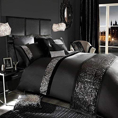 5-Piece Silver Sequin Black Egyptian Cotton Duvet Cover Set with Pillowcases - Twin Size Luxury Bedding for Christmas, Halloween & Holiday Gifts | Perfect for Guest Rooms, Master Bedrooms & Seasonal Decor