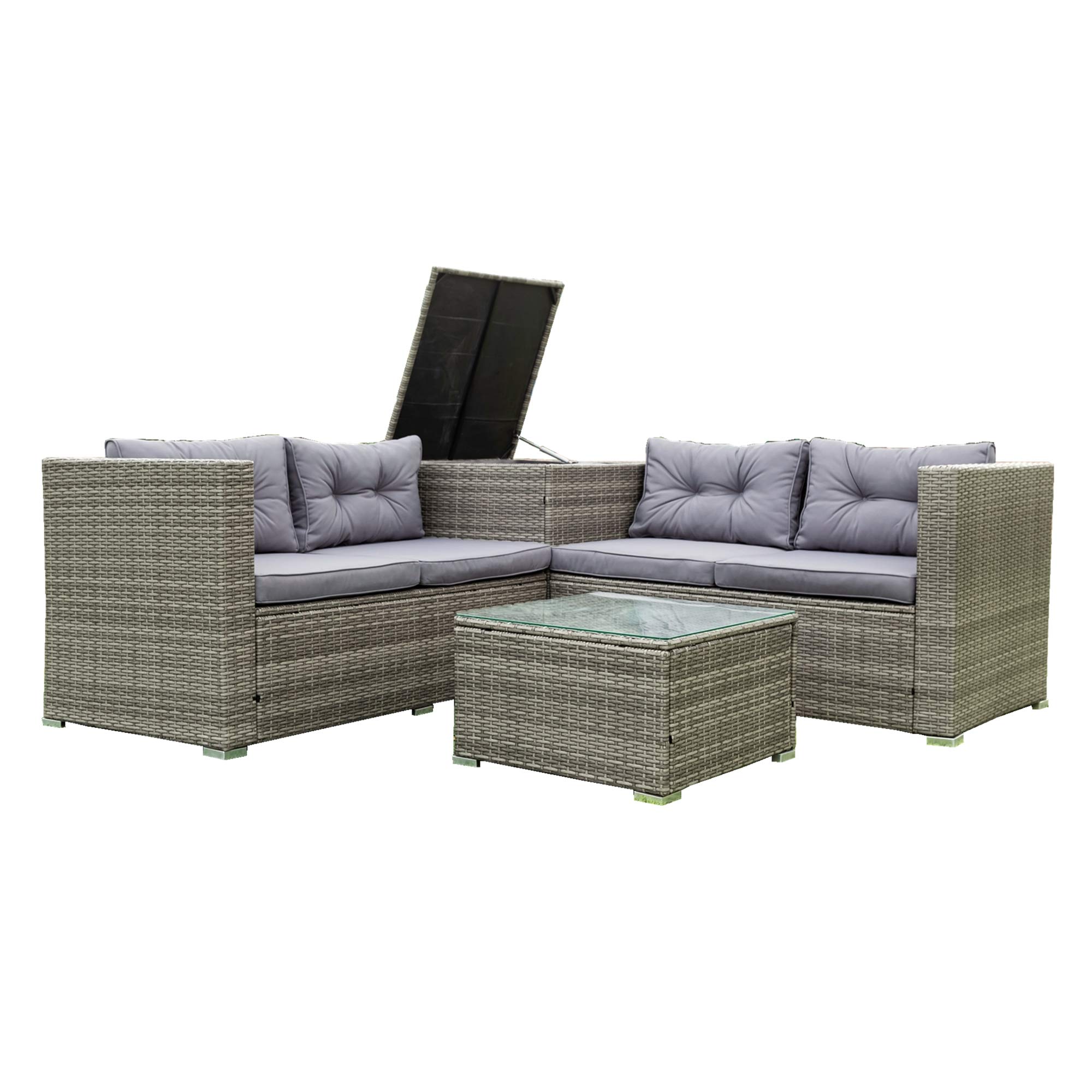 4-Piece All-Weather Outdoor Patio Furniture Set - Wicker Rattan Sectional Sofa with Storage Box & Washable Cushions, Glass Table - Perfect for Garden, Poolside, Porch & Backyard Relaxation