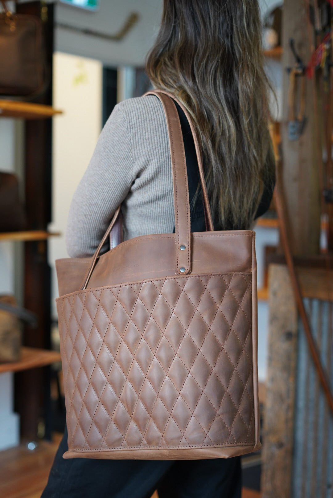 Premium Diamond Stitch Tote Bag in Milk Chocolate - Stylish & Durable Reusable Shopping Bag for Groceries, Beach, Work & Travel