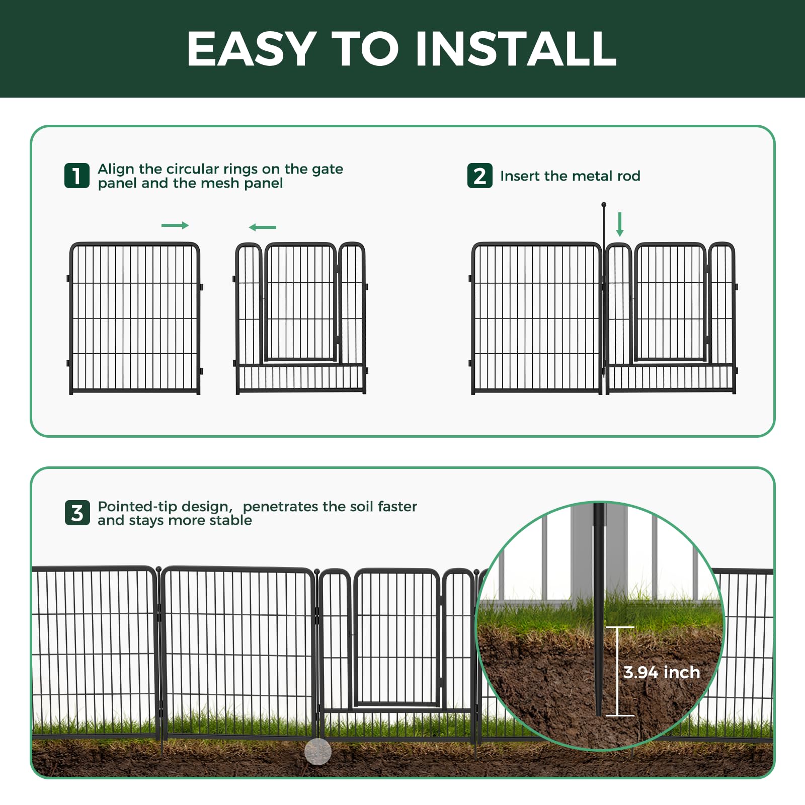 Heavy Duty Metal Garden Fence for Dogs & Rabbits - 40in Tall x 36ft Long Black Outdoor Animal Barrier with 16 Panels | Durable Yard Fence for Pet Containment & Garden Protection | Perfect for Backyard, Lawn, and Landscape Security