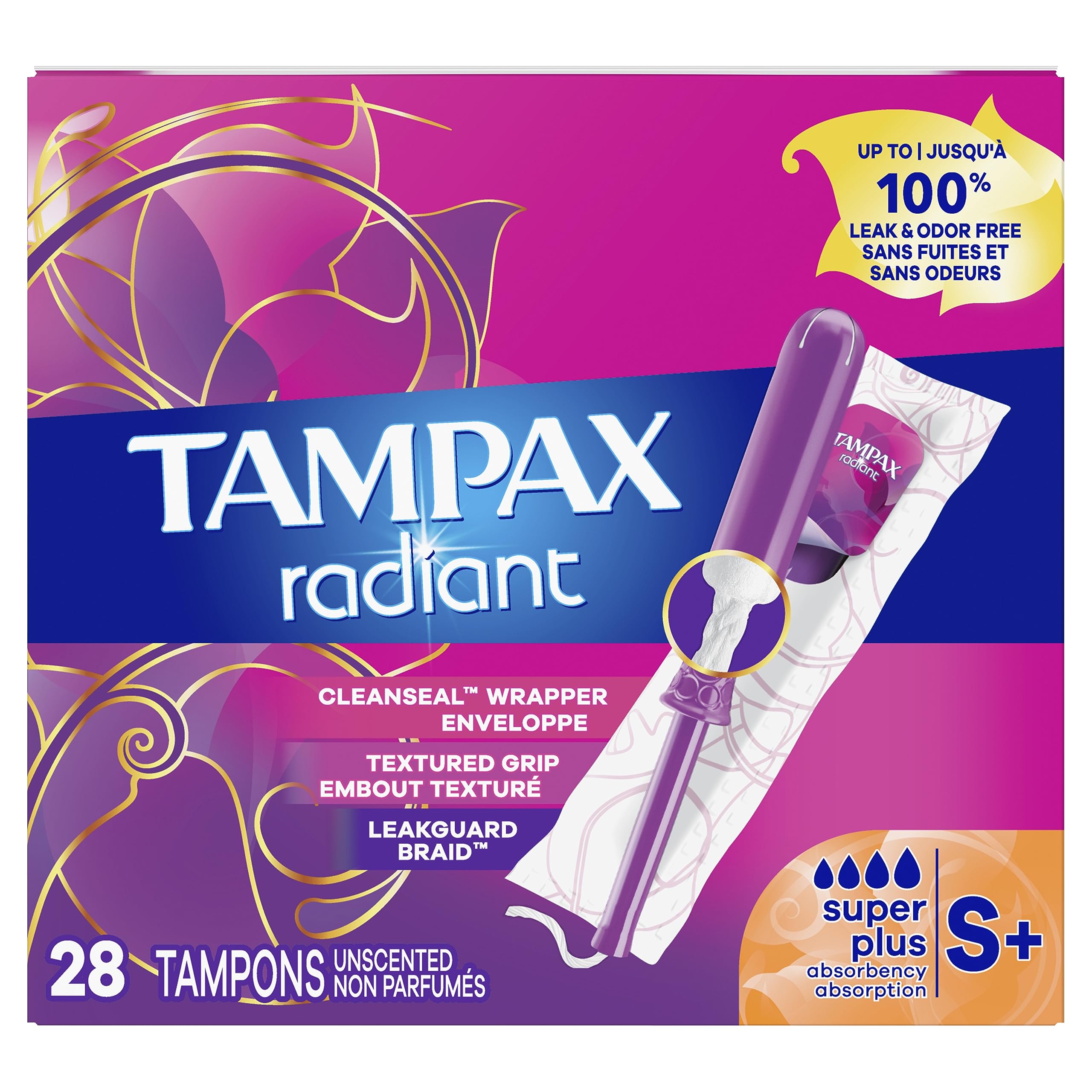 Tampax Radiant Tampons with LeakGuard Braid - Super Plus Absorbency, Unscented, 28 Count x 3 Pack (84 Total) - Reliable Protection for Active Women During Sports, Workouts and Daily Activities
