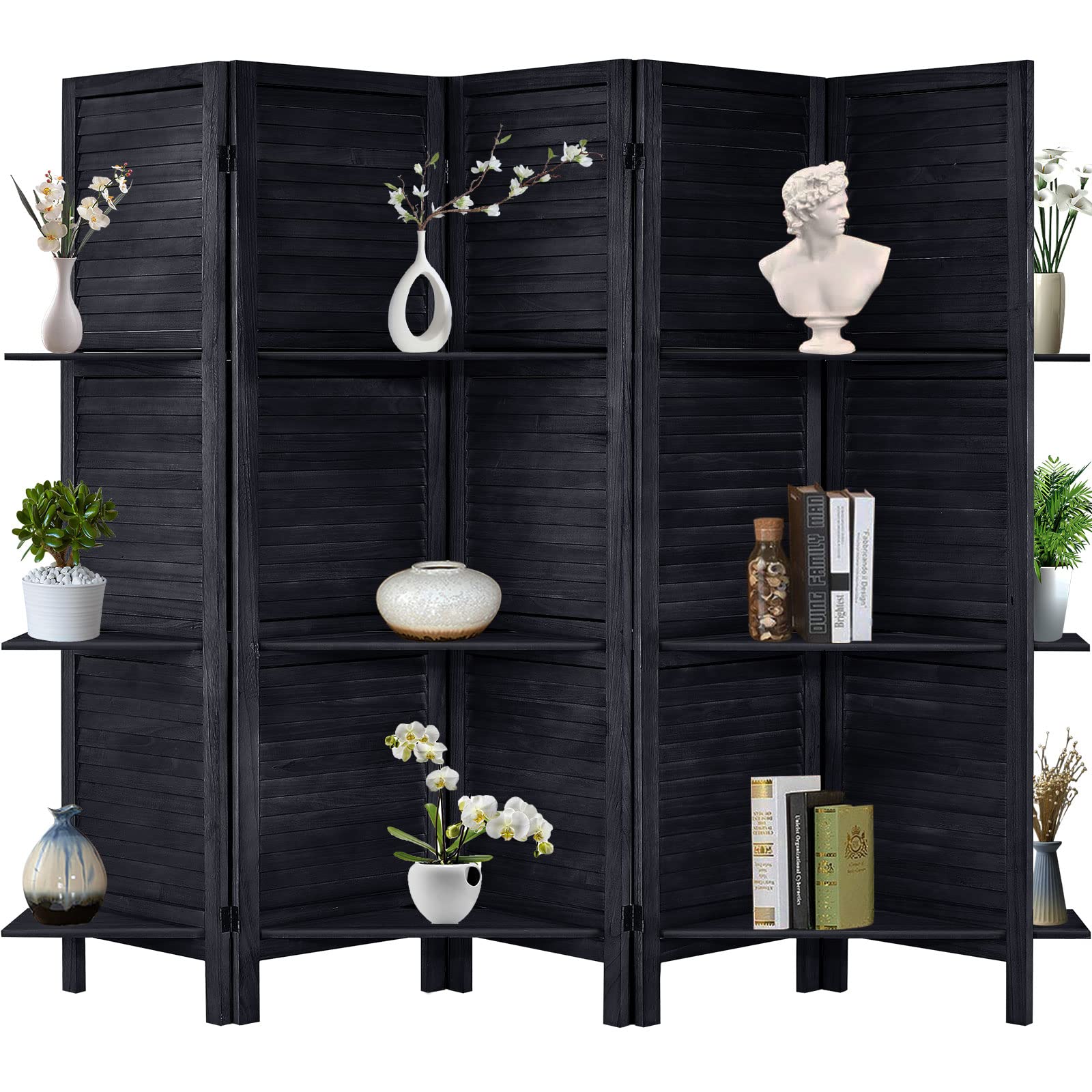 5.6 Ft Tall Wood Room Divider with Shelves - 5 Panel Folding Privacy Screen & Wall Partition for Home, Office, or Studio (Black) | Space Separator for Living Room, Bedroom, and Workspace