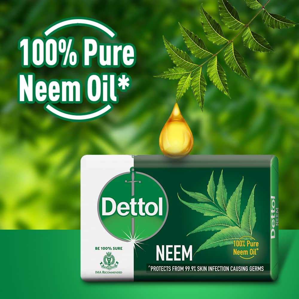 Dettol Neem Bathing Soap Bar with Pure Neem Oil - 75g (Pack of 2) | Antibacterial & Skin Care | Buy 3 Get 1 Free Combo Offer | Ideal for Daily Hygiene, Acne Treatment & Germ Protection